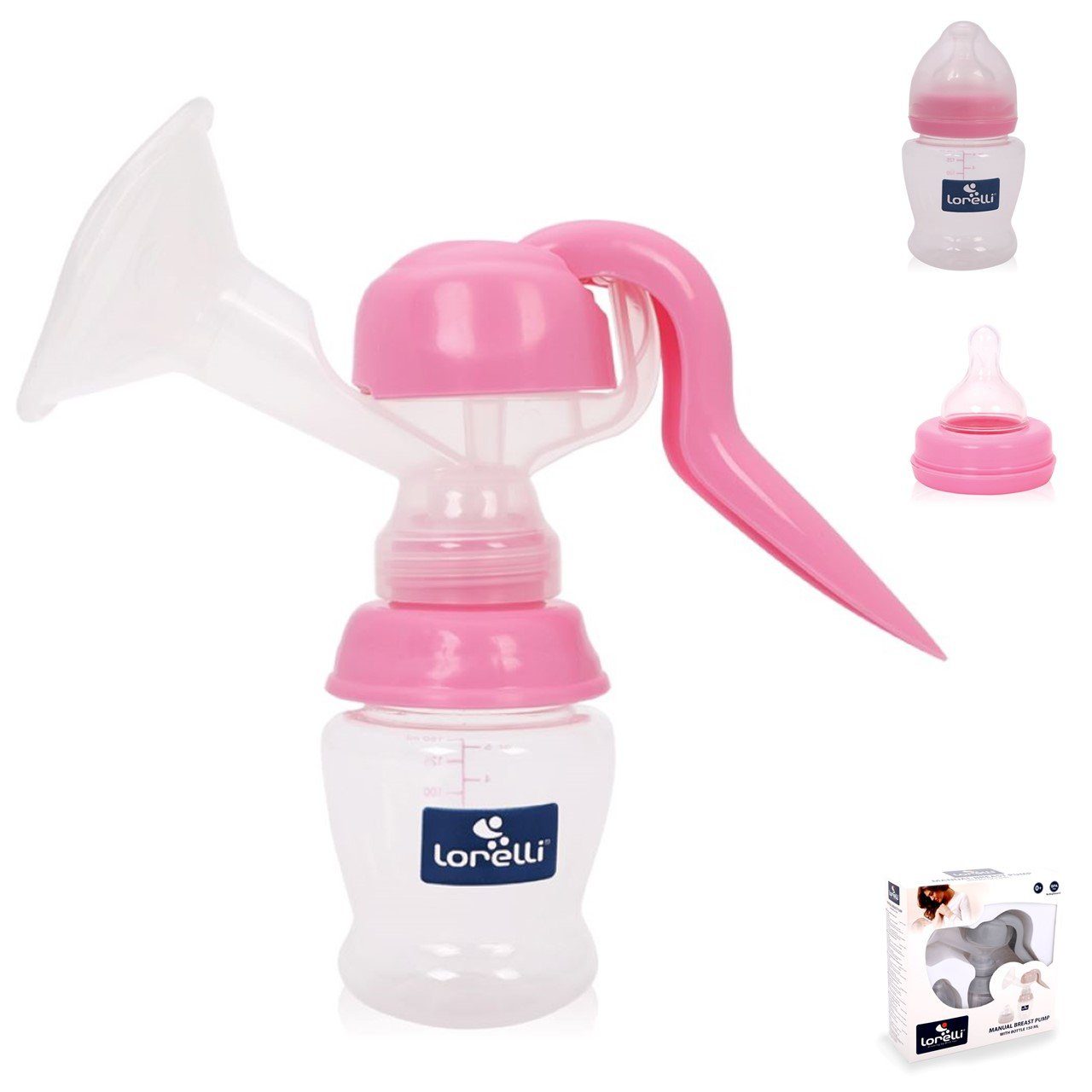Lorelli Handmilchpumpe manuelle Sauger 120 rosa Silikonventil Milchpumpe, ml Flasche 0+ Deckel