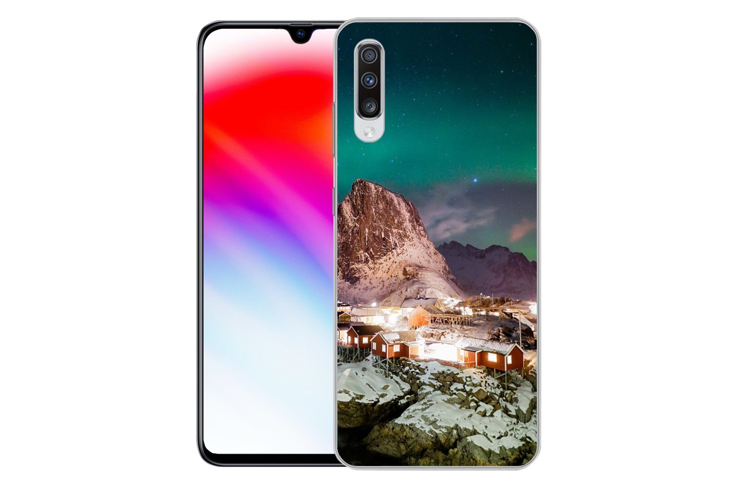 MuchoWow Handyhülle für Samsung Galaxy A70 Nordlichter - Berg - Haus - Insel, Phone Case, Silikon, Schutzhülle Dünn