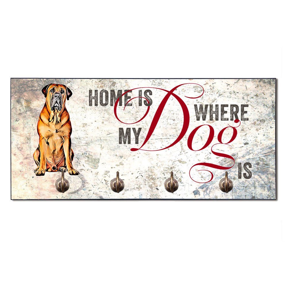 Cadouri Wandgarderobe BULLMASTIFF Hundegarderobe - Wandboard für Hundezubehör (Garderobe mit 4 Haken), MDF, mit abgeschrägten Ecken, handgefertigt, für Hundebesitzer