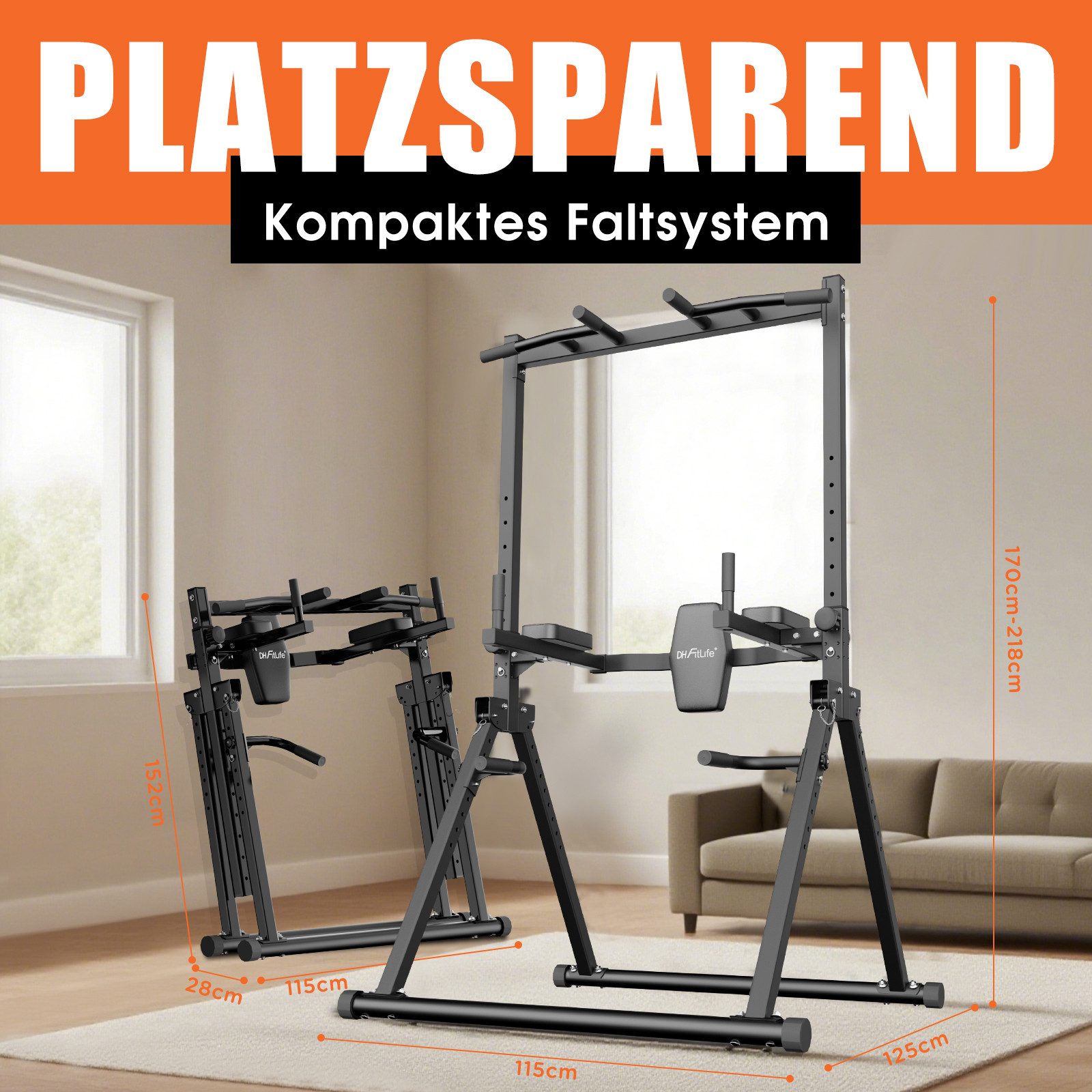 DH FitLife Kraftstation Faltbar Power Tower Dip Station bis 210kg, (Klimmzugstange Freistehend mit Dip Barren u. Rückentrainer), höhenverstellbare Kraftturm, Kraftstation, Power Rack for Home Gym