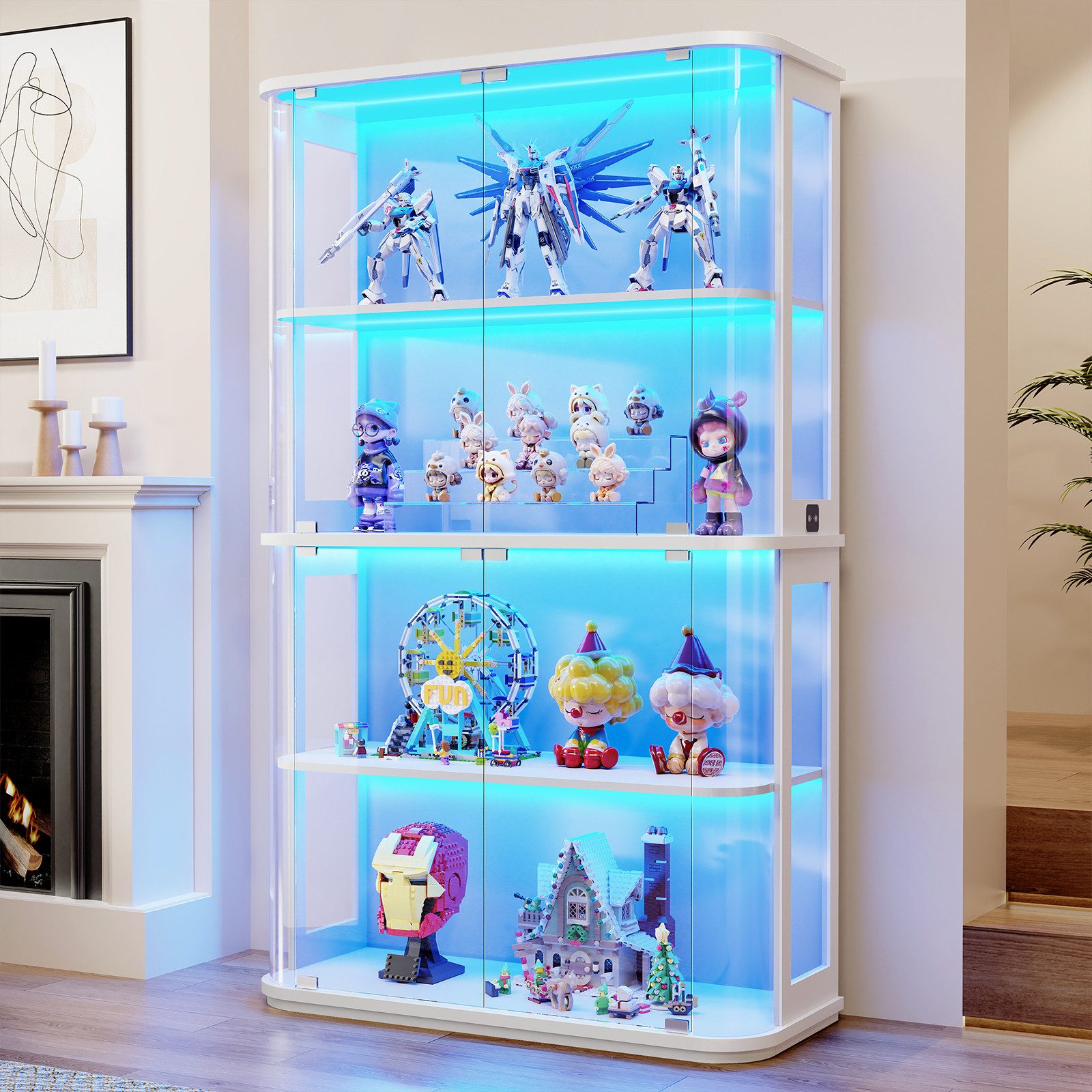 BROTTAR Standvitrine Große, runde Vitrine mit dreifarbiger Beleuchtung & Bewegungssensoren (1-St) mit zwei Acryl-Seitentüren und vier Regalböden