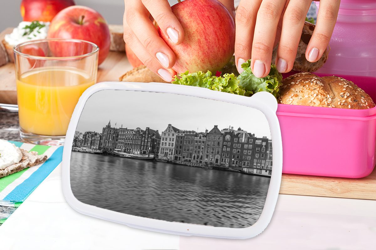 Lunchbox MuchoWow Snackbox, Amsterdamer Kinder, weiß, - Kunststoff, und Schwarz Brotbox rosa Mädchen, Brotdose für Erwachsene, Kunststoff Grachtenhäuser (2-tlg),