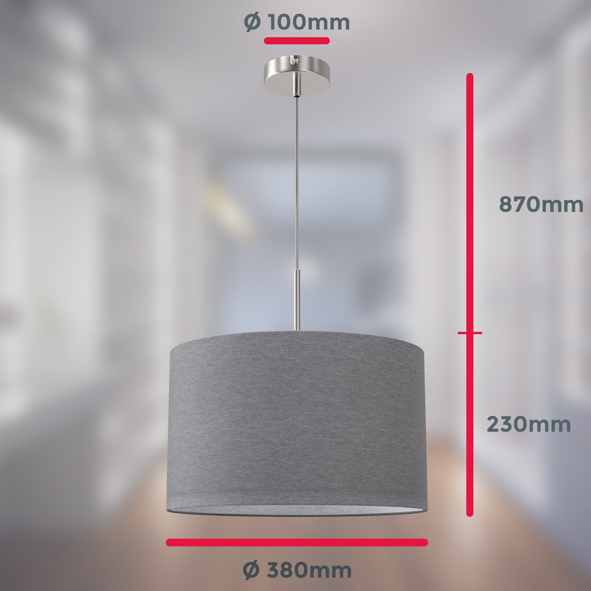 Hängelampe Schlafzimmer Leuchtmittel, Stofflampe 38cm Eszimmer grau 38cm E27 Weiß Flur ohne Flammig B.K.Licht - 1 Pendellampe Wohnzimmer LED Pendelleuchte BKL1222,