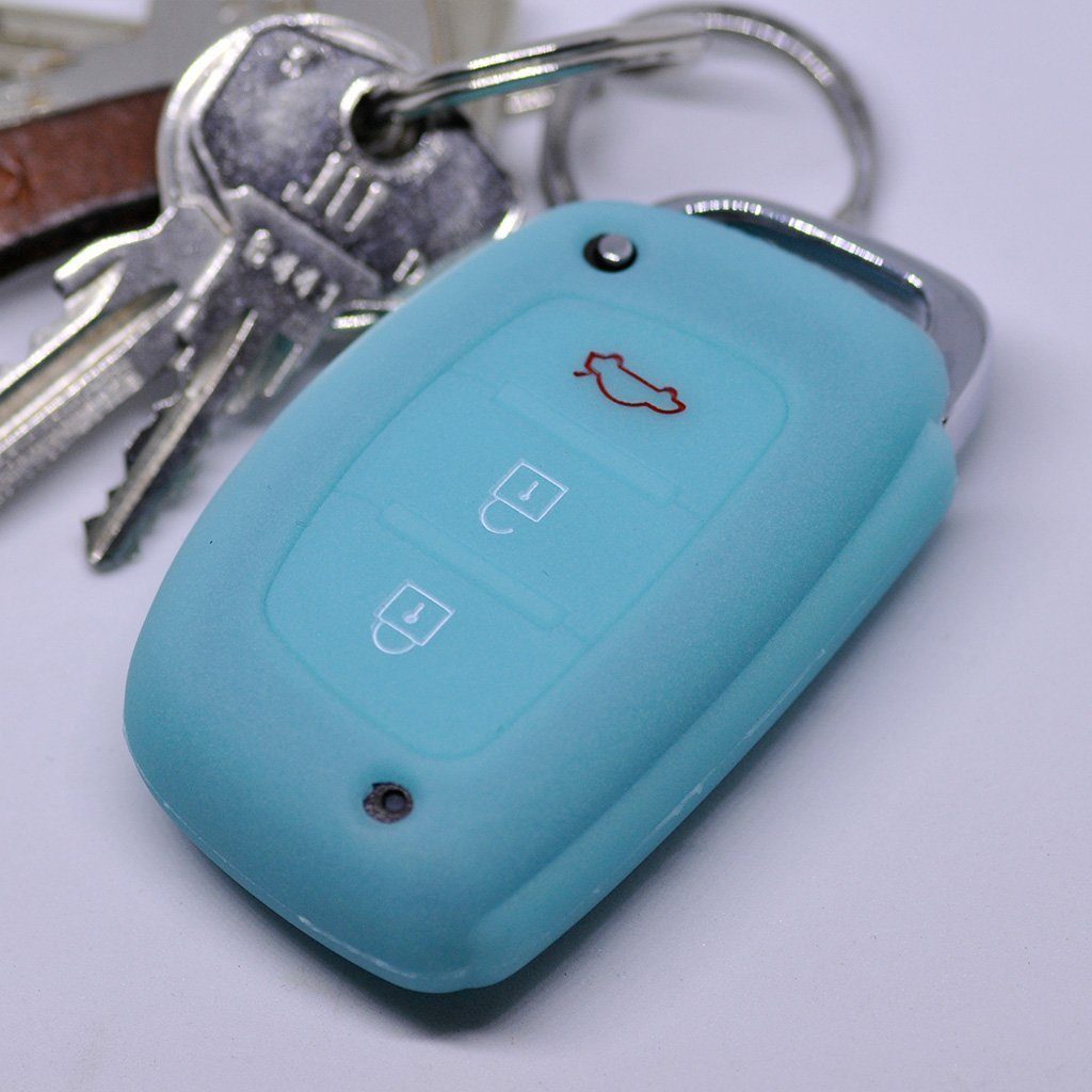 mt-key Schlüsseltasche Autoschlüssel Softcase Silikon Schutzhülle fluoreszierend Blau, für Hyundai i10 i20 i40 ix25 ix35 Tucson Accent Ioniq Sonata Santa Fe