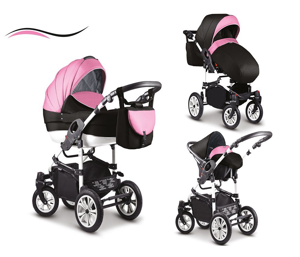 babies-on-wheels Kombi-Kinderwagen 3 in 1 Kinderwagen-Set Cosmo - 16 Teile - in 41 Farben Schwarz-Rosa-Weiß