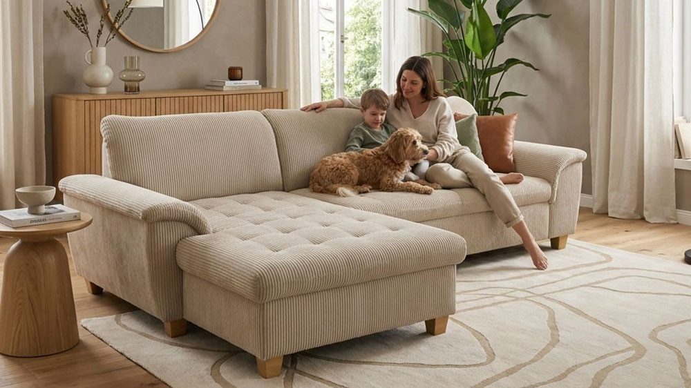 OTTO home Ecksofa Eggery 279 x 170 cm, auch mit Schlaffunktion & Bettkasten, Holzfüße, Kopfteile verstellbar, L-Form, aus Pet Friendly Cord