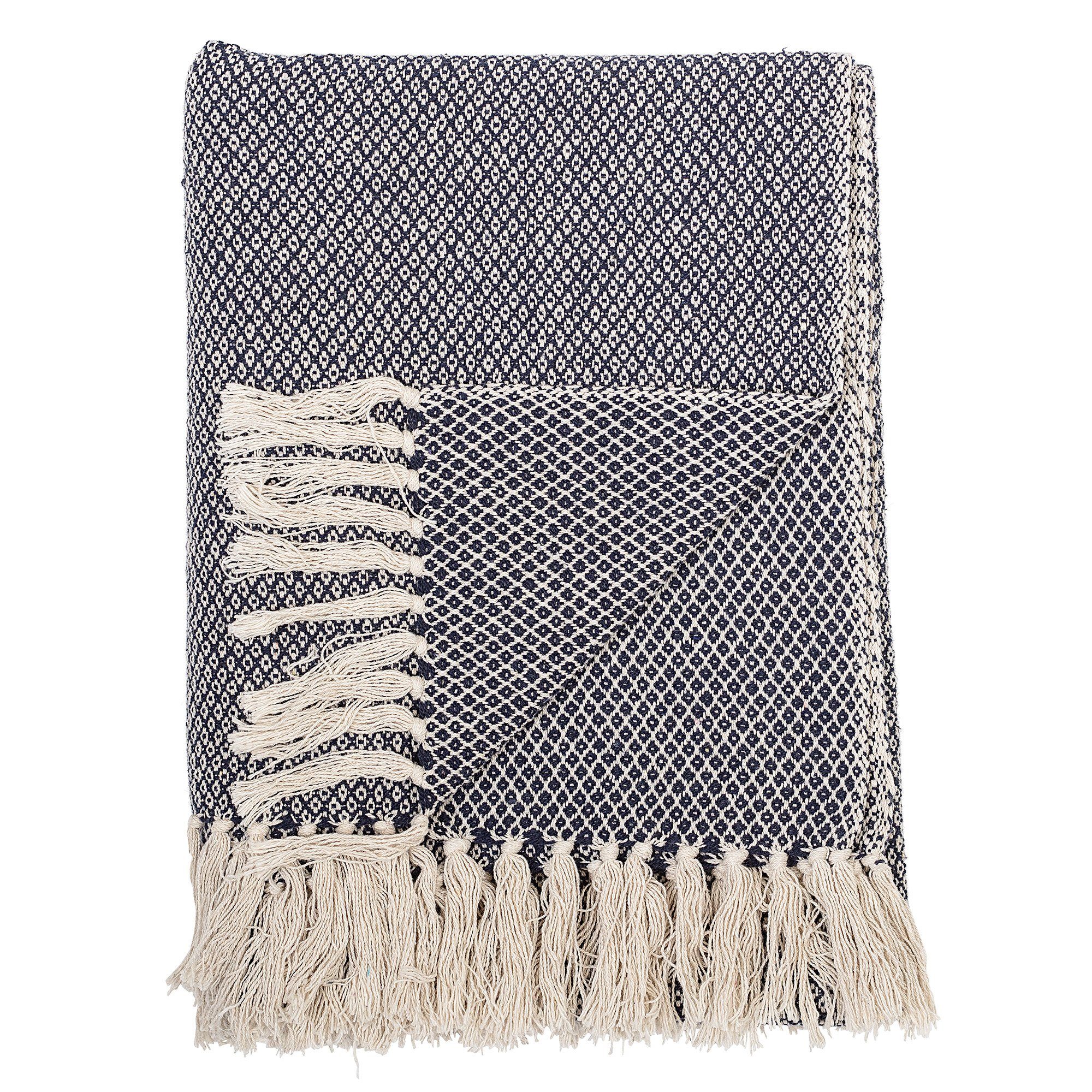 Wohndecke Decke, Boho Plaid recycling cotton, natur-blau, Tagesdecke, Sofa Couch Überwurf, 160 x130 cm SECONDLOVE