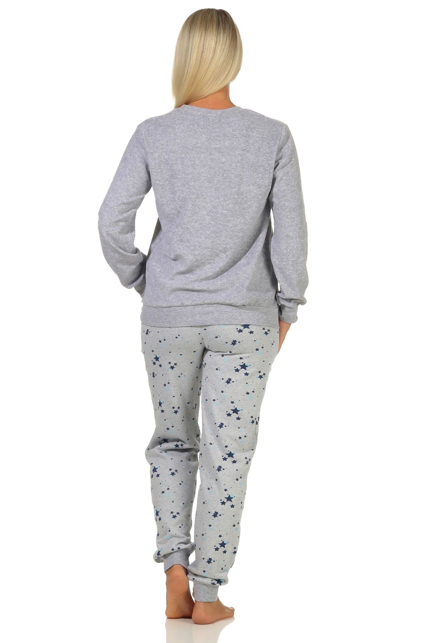 grau-melange Normann Frottee Damen mit Sterne -auch Pyjama Motiv Übergröße Pyjama Bündchen als in