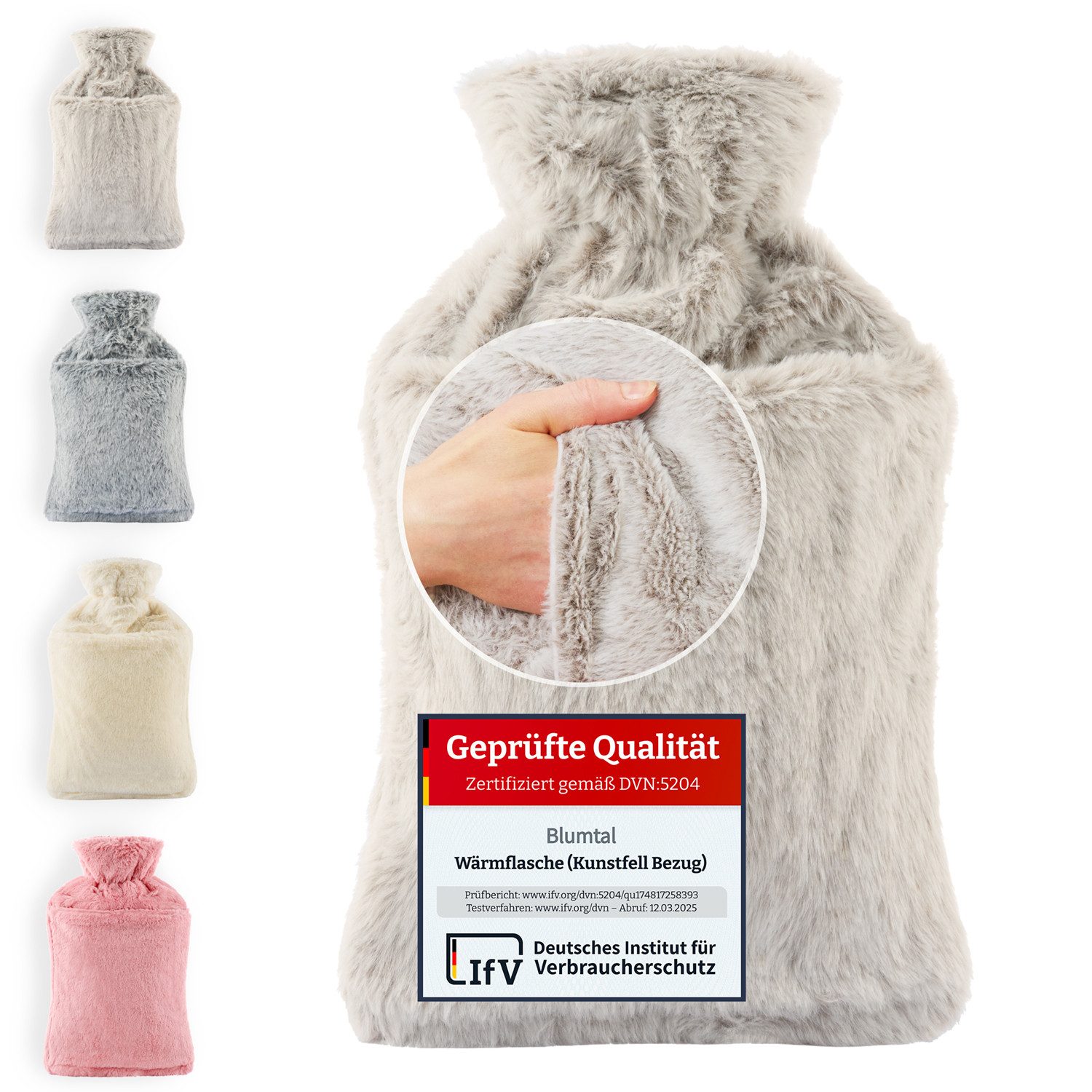 Blumtal Wärmflasche Premium Wärmflasche mit Bezug & Tasche aus weichem Kunstfell, (Auslaufsichere Flasche aus Naturkautschuk für Kinder und Erwachsene), Wärmeflasche aus Naturkautschuk und Handwärmer