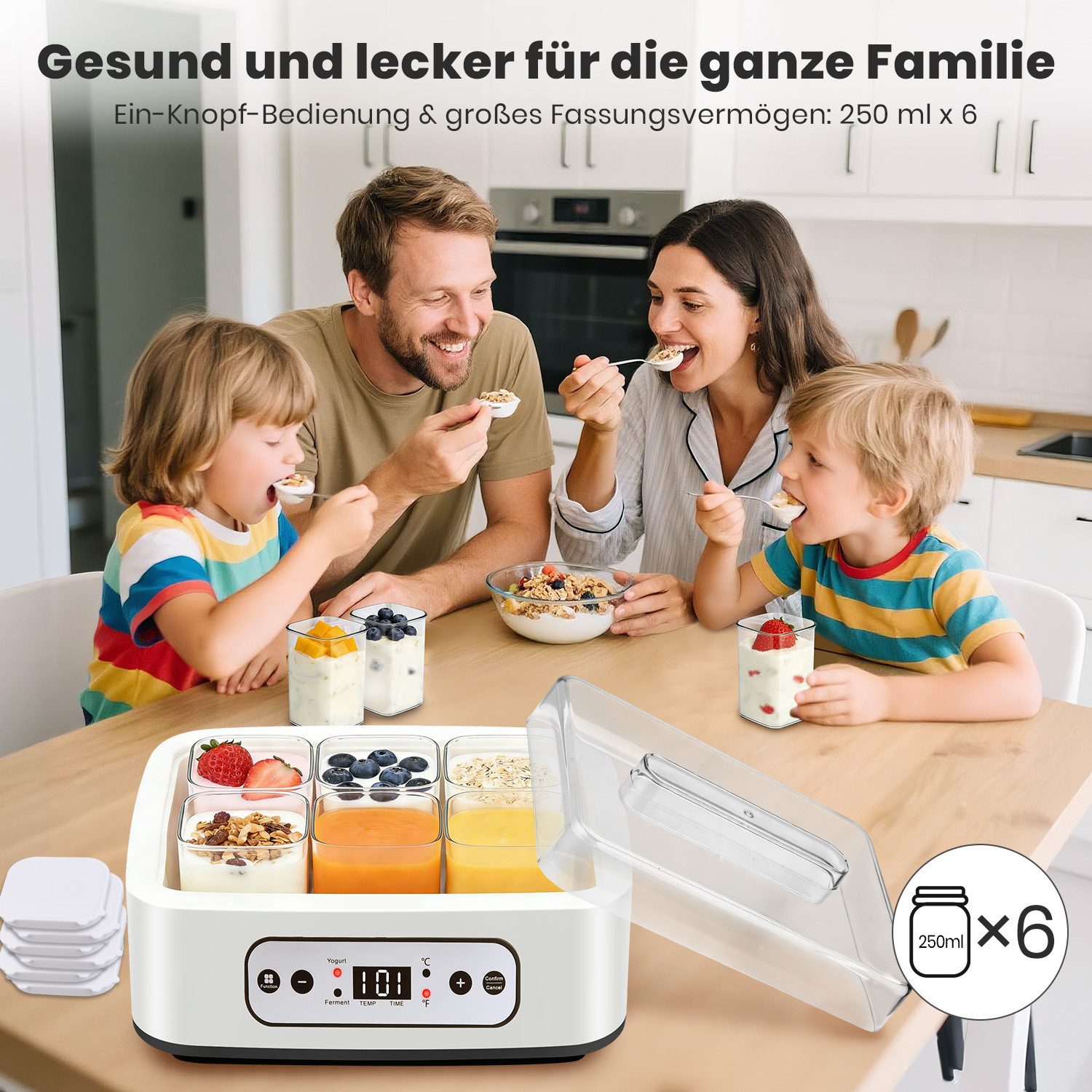 CkeyiN Pro Joghurtbereiter mit Temperatur und Timer, Becher aus hochwertigem Borosilikatglas, je 250 ml, für bis 1,5L,Hochtemperaturbeständig,LCD Display