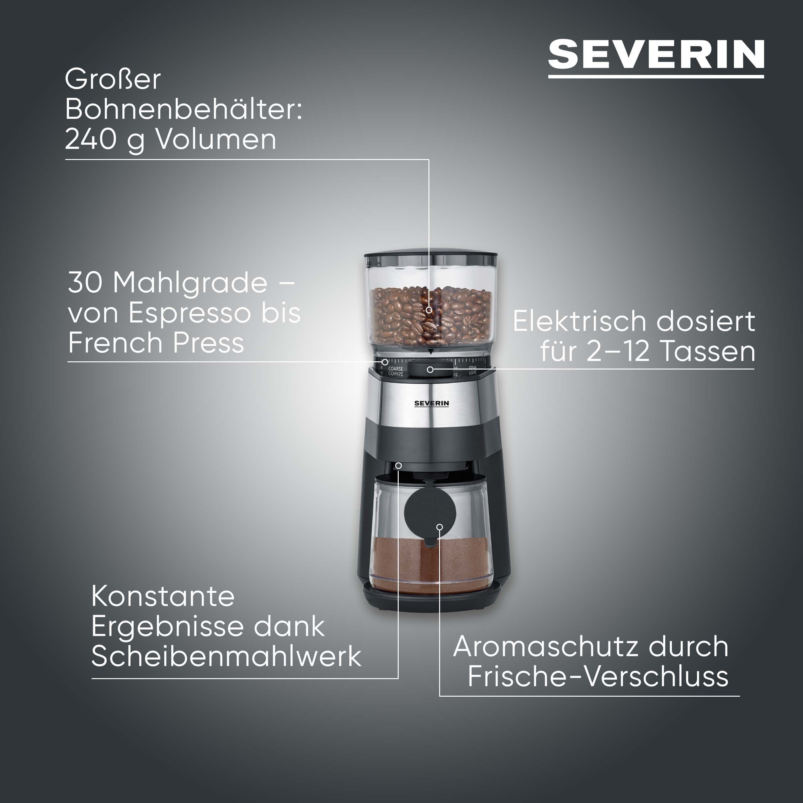 Severin Kaffeemühle KM 3880, Scheibenmahlwerk, 240 g Bohnenbehälter, bis 240g Bohnen, Aromaverschluss, Mahlgrad in 30 Stufen einstellbar