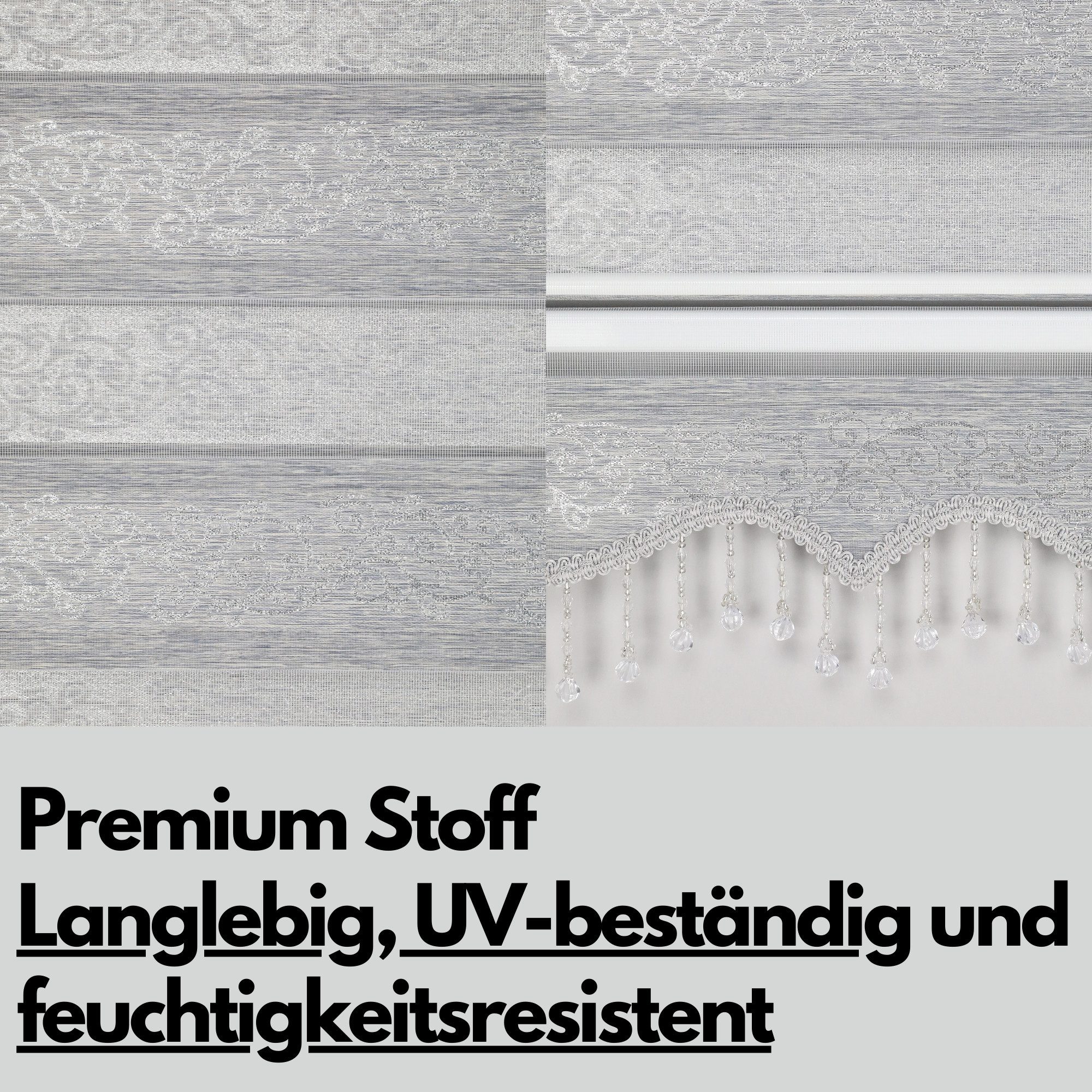 Doppelrollo Duorollo Doppelrollo mit Kassette Rankenmuster und Perlen Höhe: 250 cm, Plisseeonline, blickdicht, Deckenmontage, Freihängend, Deckenmontage mit Clips, Mit Motiv und Alu Kassette in Weiß Gold Schwarz