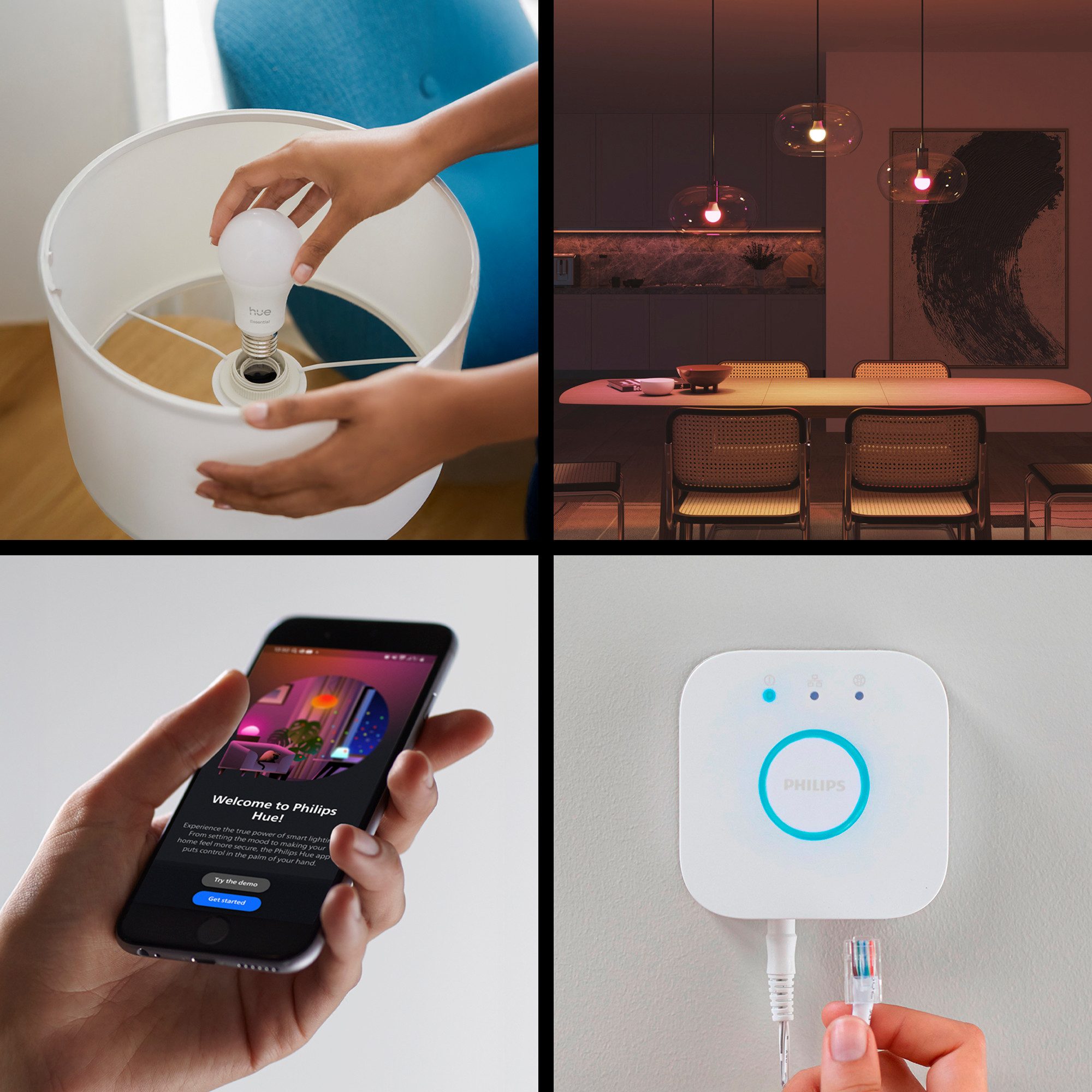 Philips Hue LED-Leuchtmittel Essential Starter Kit 2x White & Color Ambiance + Bridge, E27, 3 St., Farbwechsler, inkl. Bridge