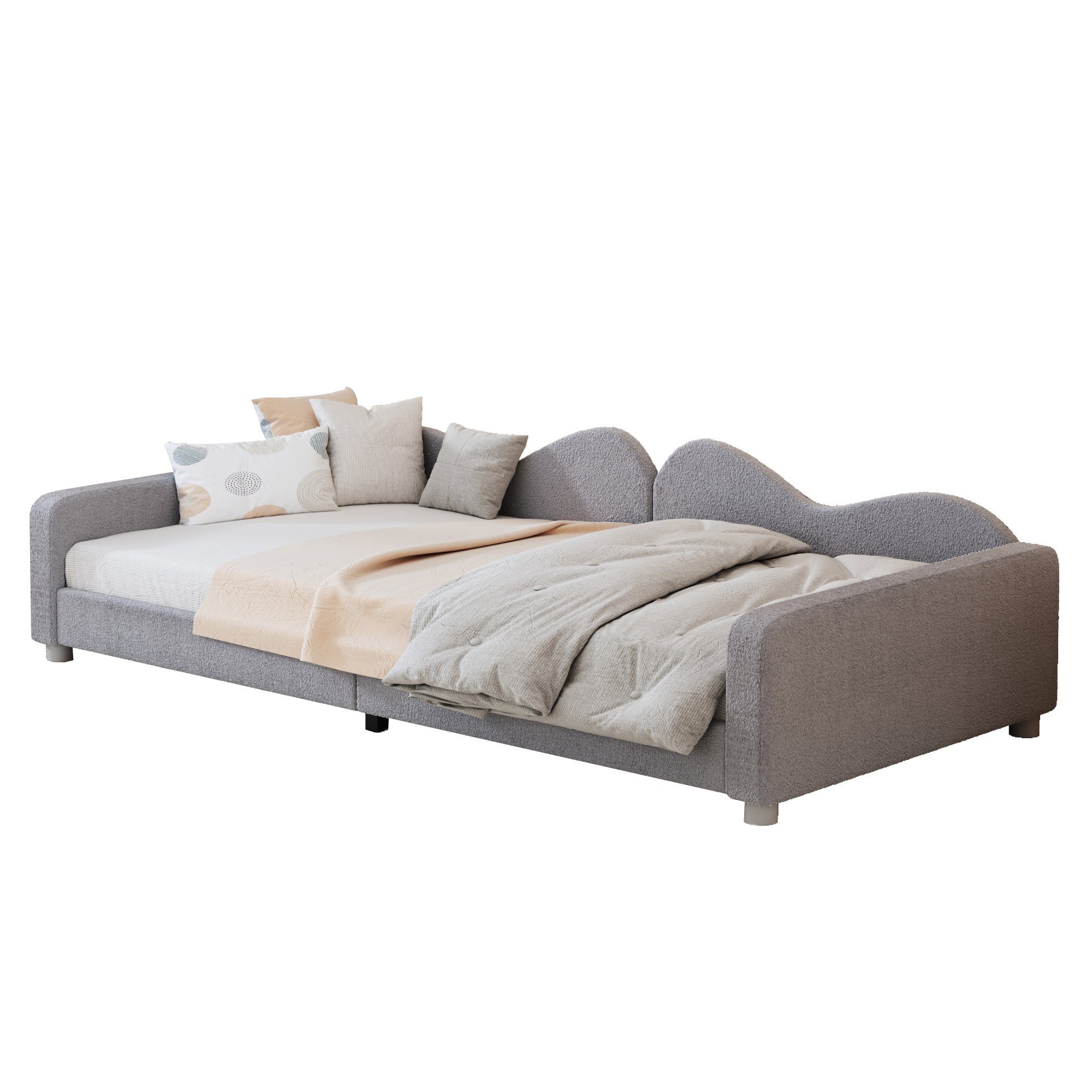 SPLOE Armlehnen, Tagesbett Teddystoff und weiches Bett), ohne (mit Schlafsofa Rückenlehne Matratze Multifunktionales Bettgestell grau Polsterbett Polsterbett Kinderbett 90x200 HAUSS cm