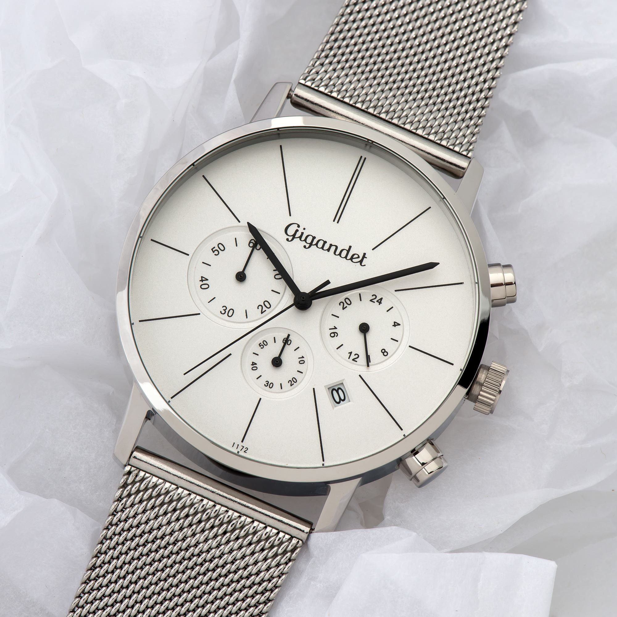 Gigandet Chronograph Herrenuhr, Armbanduhr, Damenuhr, 42mm, MINIMALISM G32-005, Mineralglas, Datumsanzeige, Edelstahlband, 3bar/30m wasserdicht