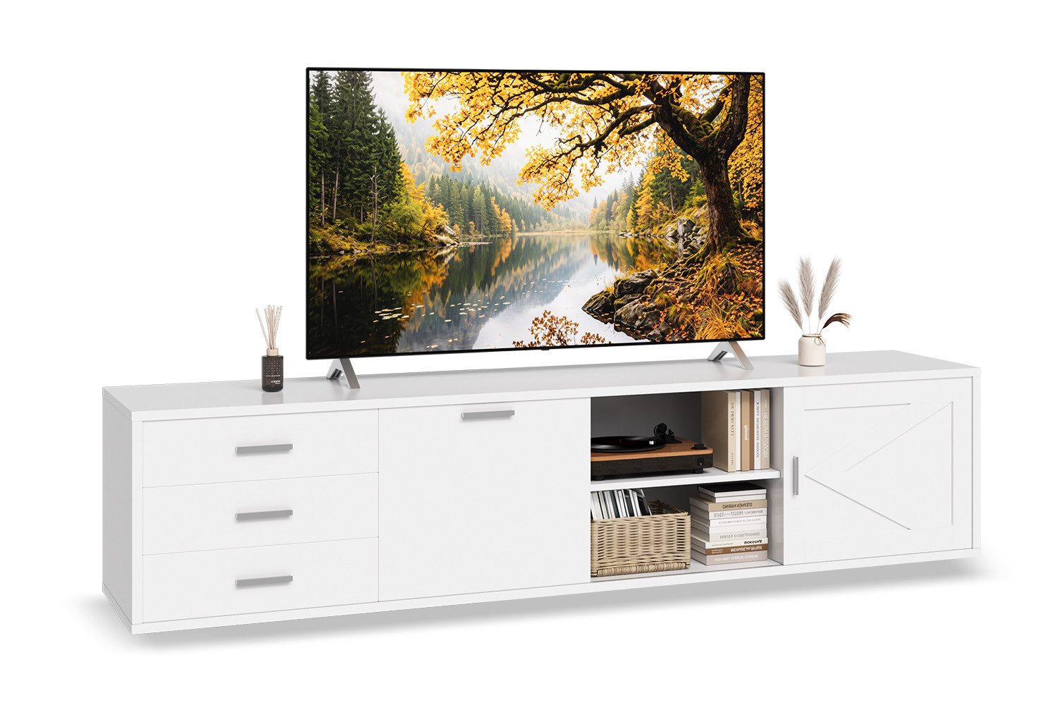HOMAVO Lowboard TVG1 mit 3 Schubladen & Schiebetür, 160 - 180 cm (FSC®, viel Stauraum, pflegeleicht), Bodenstehendes TV-Lowboard mit Stauraum