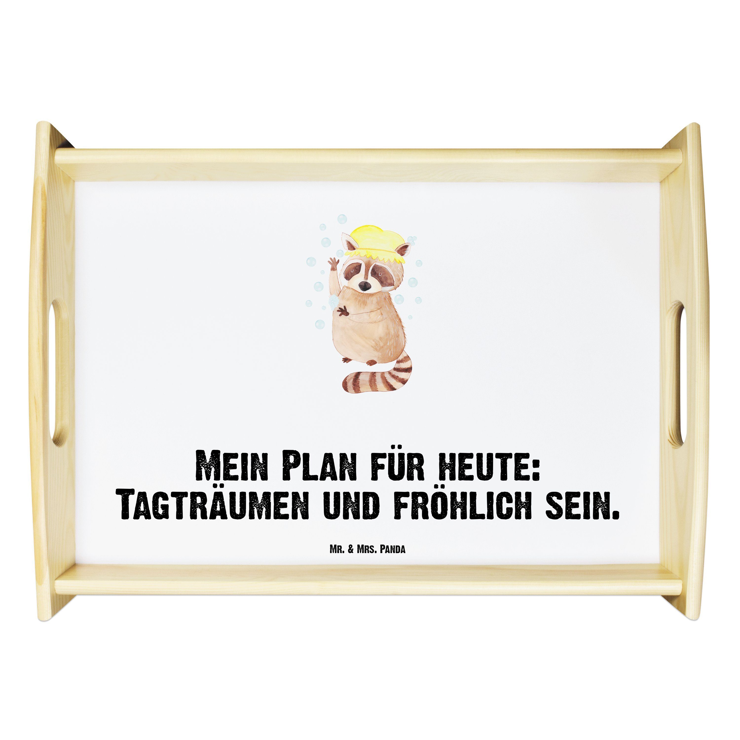 Mr. & Mrs. Panda Tablett Waschbär - Weiß - Geschenk, Tiermotive, Frühstückstablett, Tiere, Tag, Echtholz lasiert, (1-tlg)
