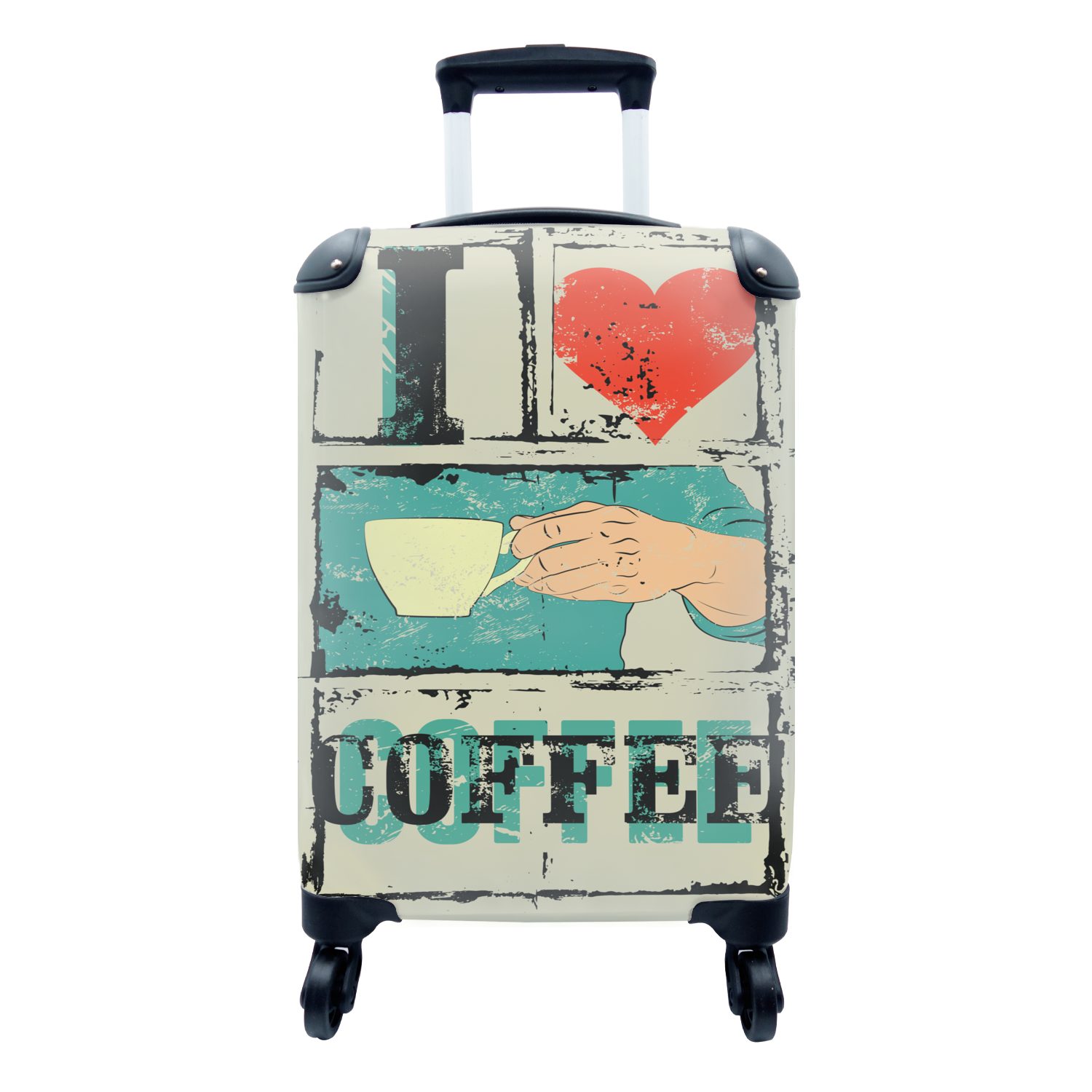 Kaffee, Vintage 4 für Ich Kaffee mit liebe Handgepäckkoffer - Rollen, MuchoWow Trolley, Ferien, - Sprichwörter Handgepäck Reisetasche - - Zitate Reisekoffer rollen,