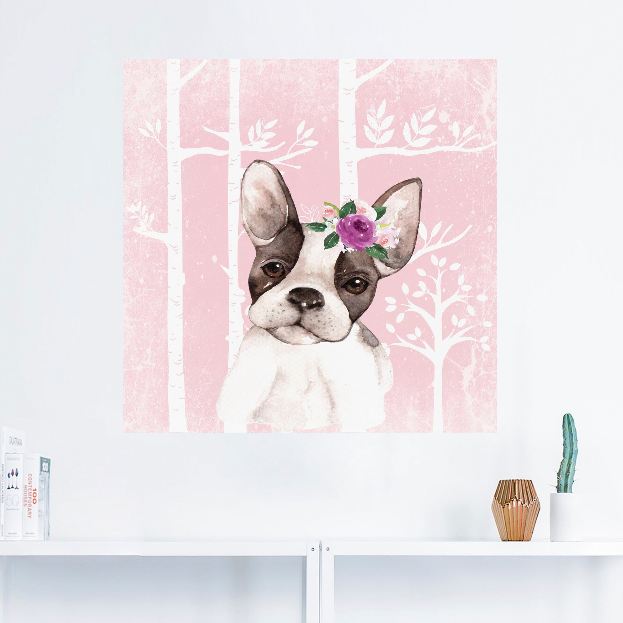 Artland Wandbild Mops Hund mit St), oder Leinwandbild, Alubild, Größen Poster Wandaufkleber versch. Tiere pink (1 Wald, Blumen in als im