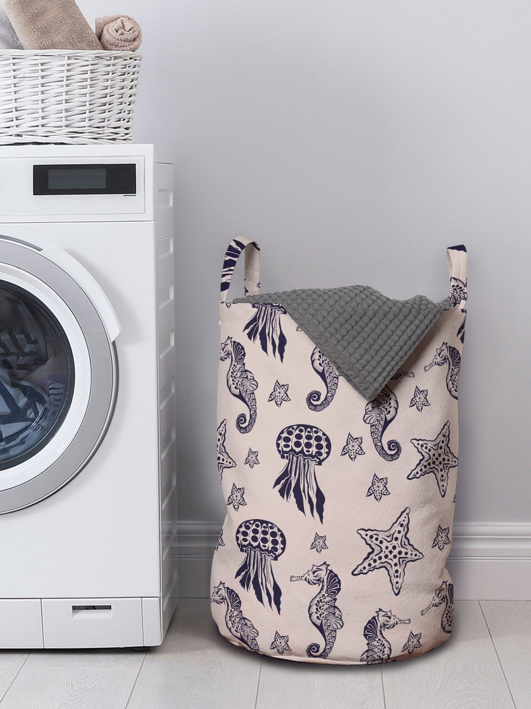 Wäschekorb Seahorse Griffen Waschsalons, Kordelzugverschluss Muster mit Wäschesäckchen kontinuierliche Abakuhaus für