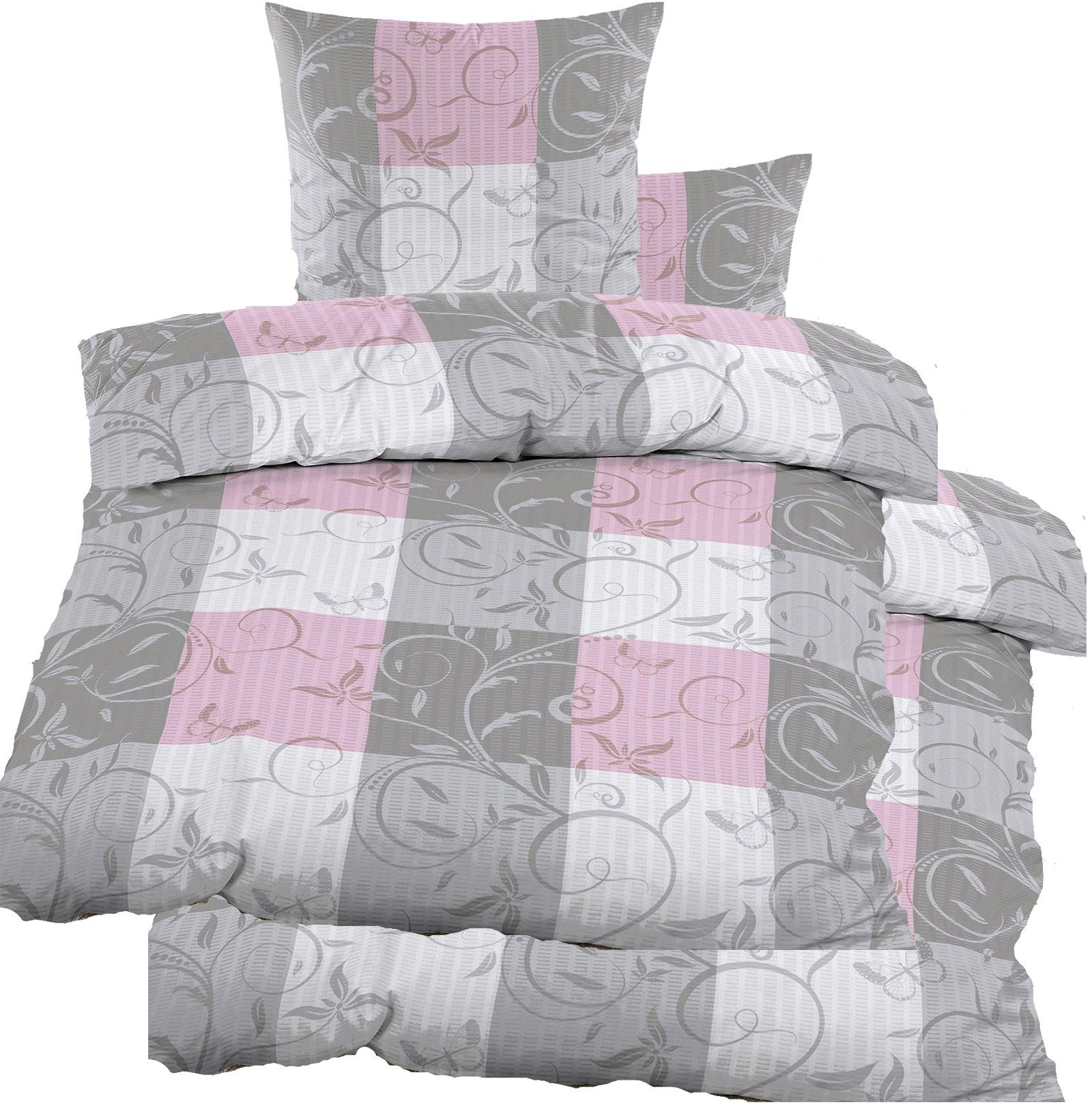 KH-Haushaltshandel Bettwäsche Seersucker Bettwäsche 135x200 +80x80cm, grau pink Ranken, kariert, Seersucker, bügelfrei, Microfaser