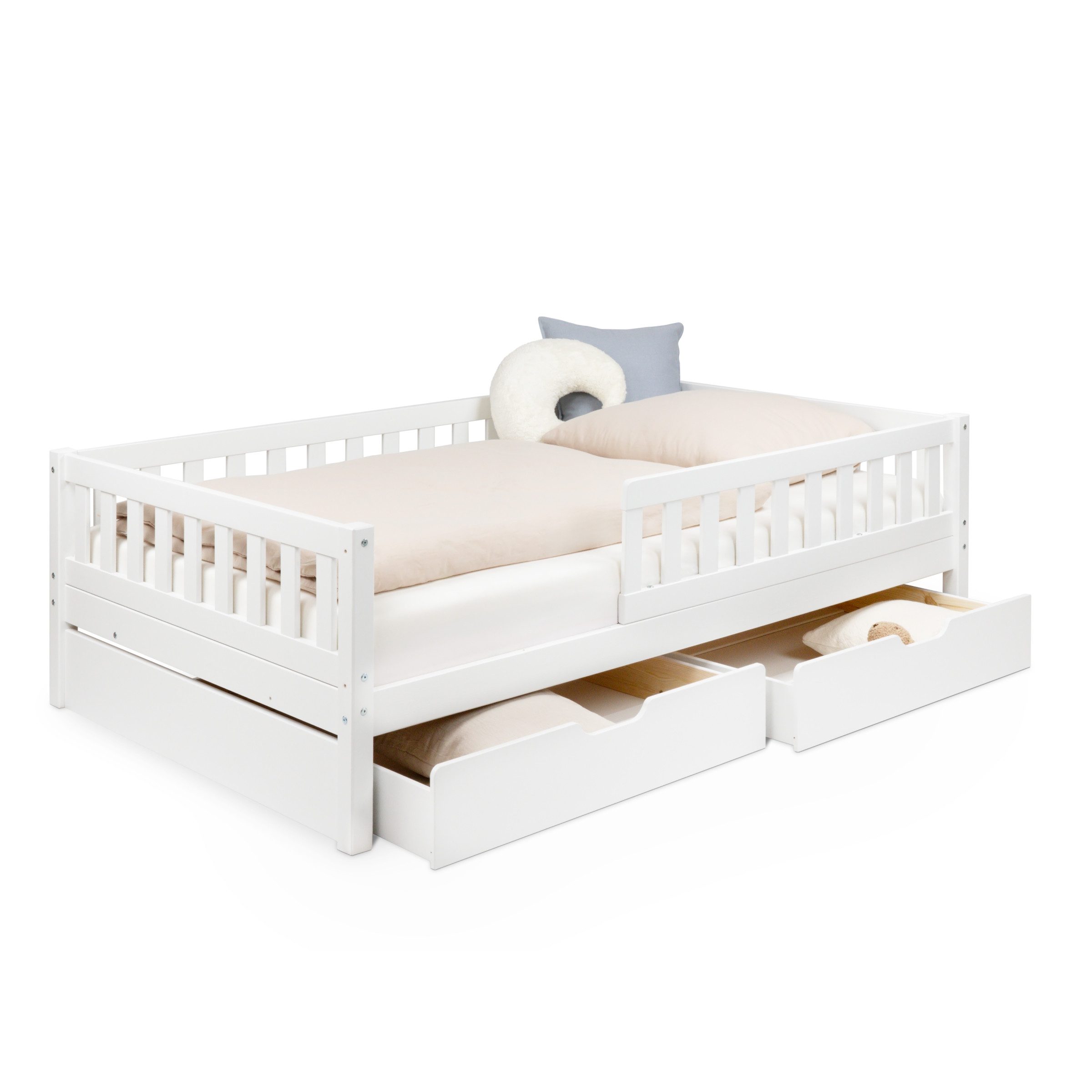 Ehrenkind Kinderbett Lille aus massivem Kieferholz inkl. Rollrost und Rausfallschutz (120x200 cm Weiß, 2-in-1: Mit optionalem Umbauset zum Bodenbett umbaubar), flexibler Rausfallschutz beidseitig montierbar