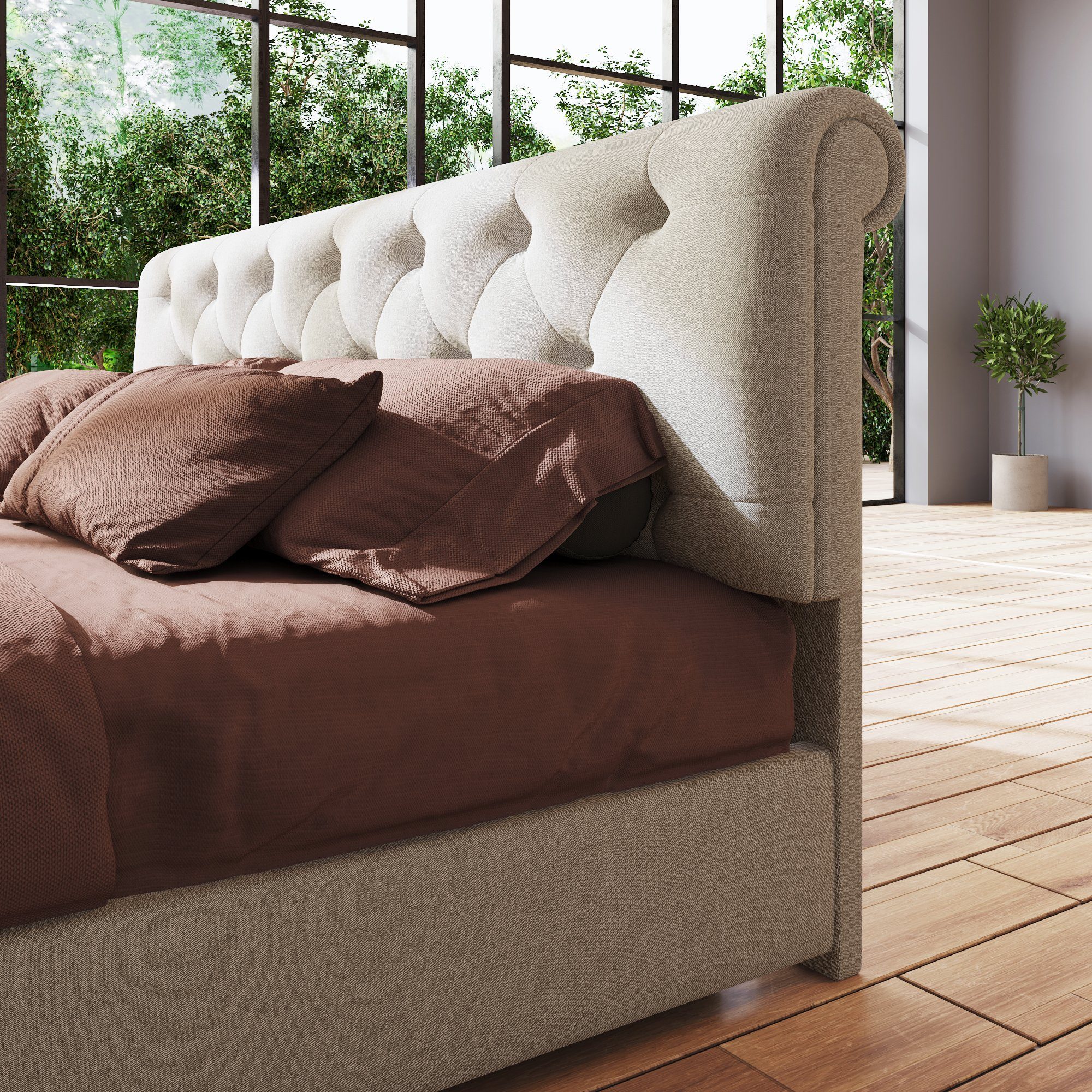 Polsterbett (Stauraumbett, mit 4 Schubladen und Lattenrost), Doppelbett 140x200cm mit Höhenverstellbarem Kopfteil, Bezug aus Leinen