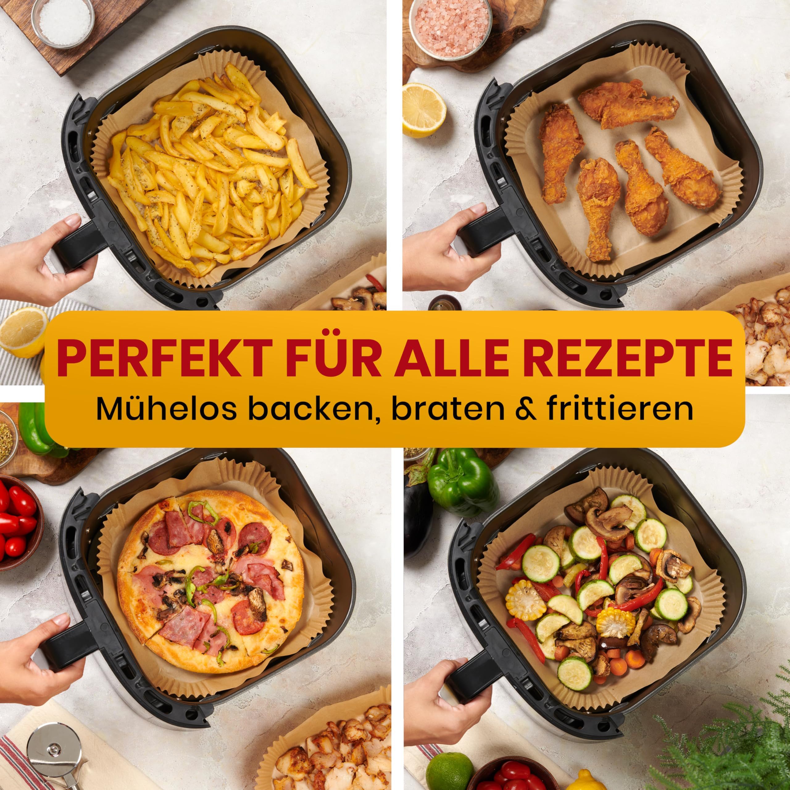 SURFOU Backpapier für Heißluftfritteuse 4,5L-8L,Air Fryer Backpapier 20 cm-100/200 Stück, Antihaft & ölfestes Backpapier – Ø20 cm, Höhe 4,5 cm, Quadratisch