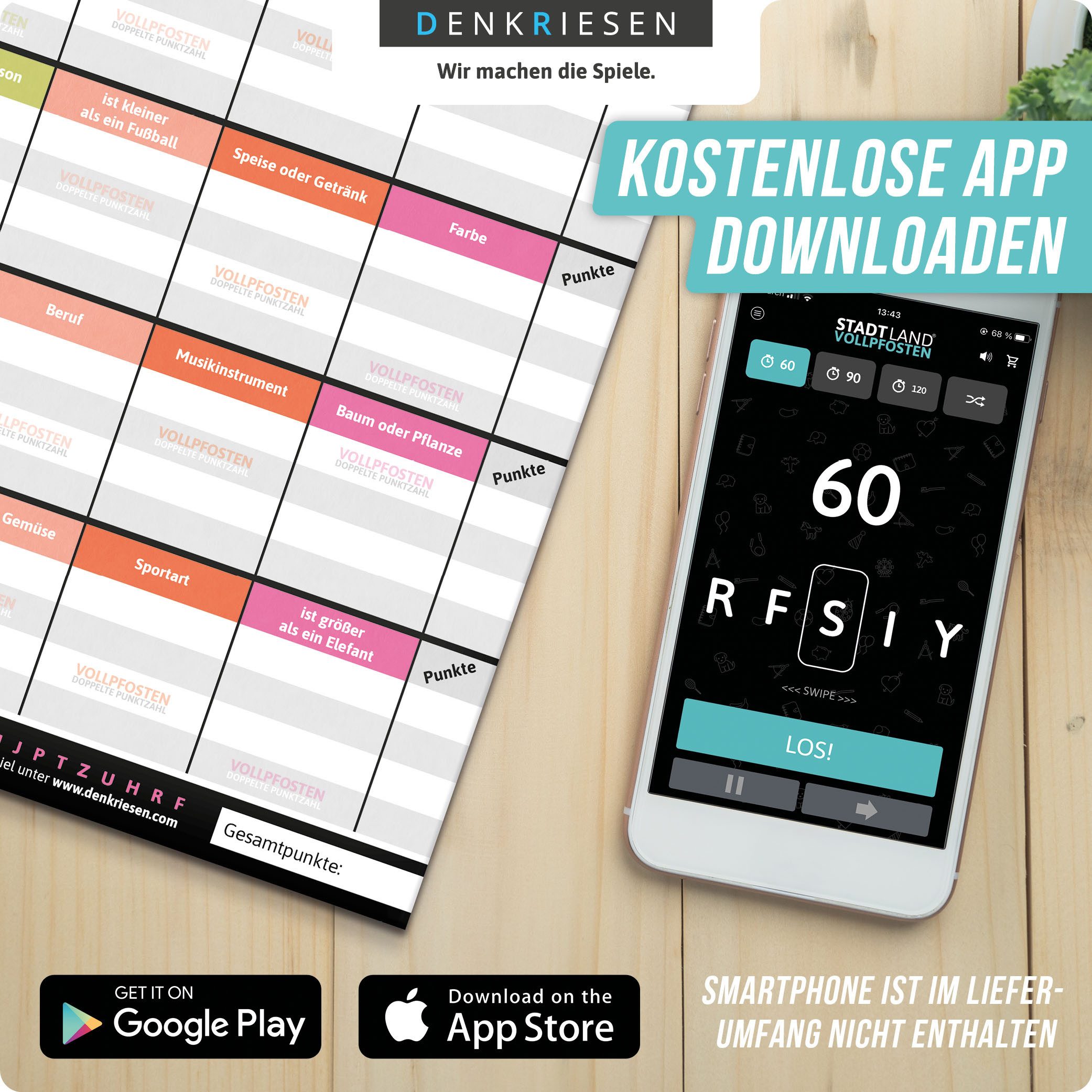 Denkriesen Spiel Stadt Land Vollpfosten, Junior Edition A4 Block, Familienspiel, Made in Germany