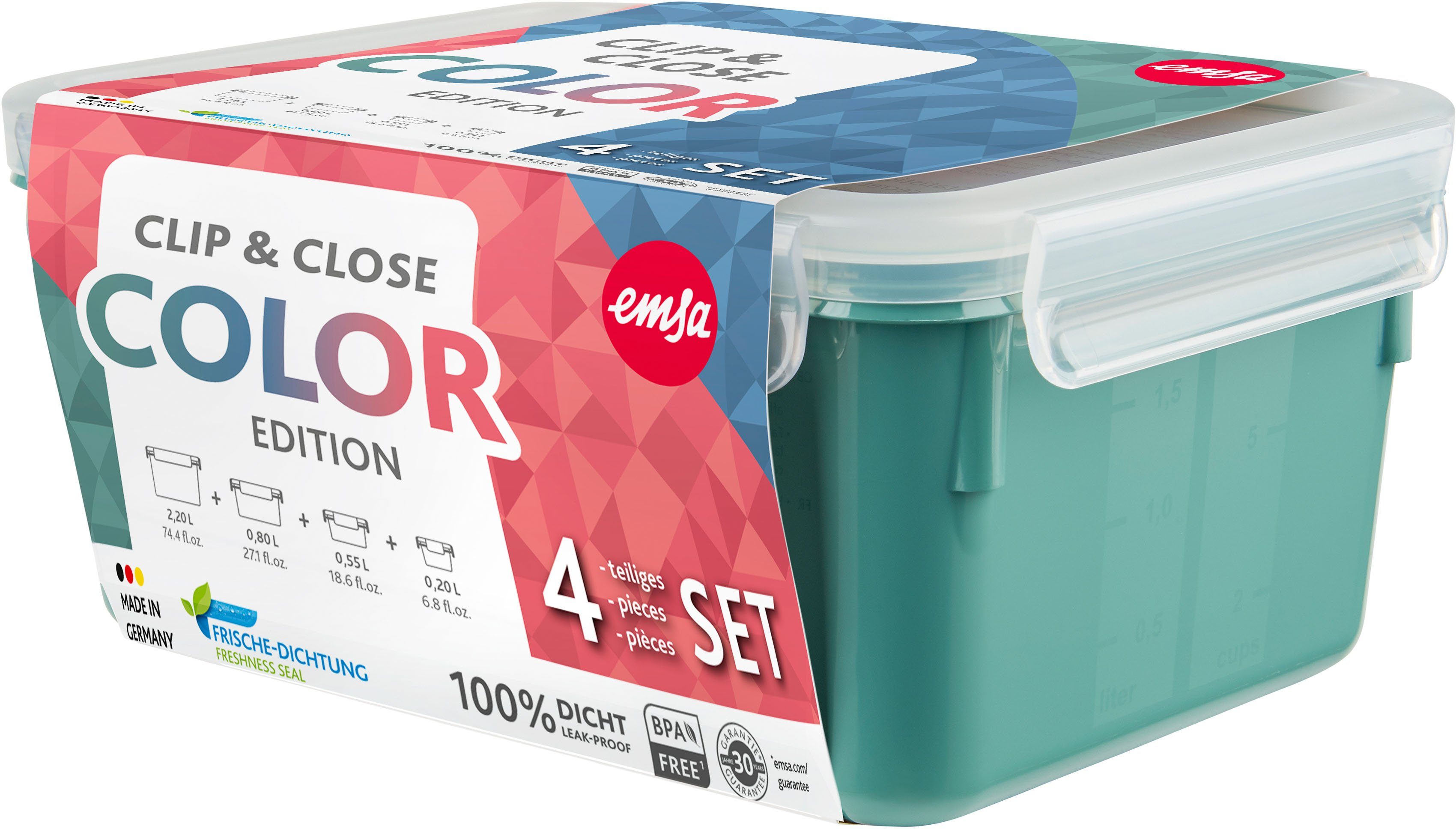 Kunststoff, Edition, Color Close & Kunststoff, Emsa grün auslaufsicher, innovativ Clip (Set, Frischhaltedose 4-tlg), hygienisch, 0,2/0,55/0,8/2,2L,