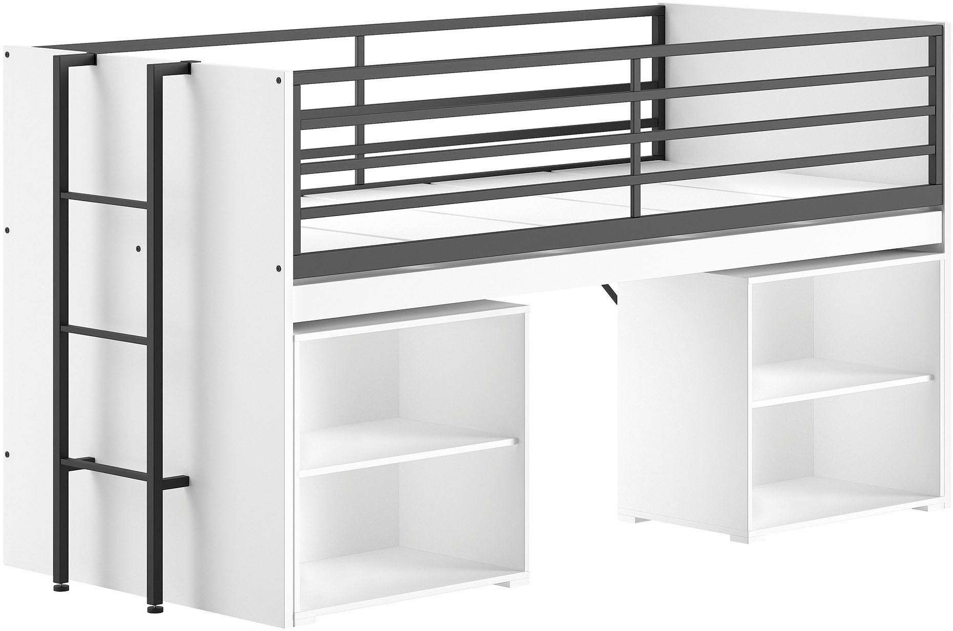 Vipack Stauraumbett Sam, schlafen und arbeiten in einem, wahlweise Eiche- oder Weiß-Dekor (Liegefläche 90x200 cm, darunter eine große ausziehbare Schreibplatte), mit Absturzschutz, Leiter u. 2 Regale, pflegeleichte Dekor Oberfläche