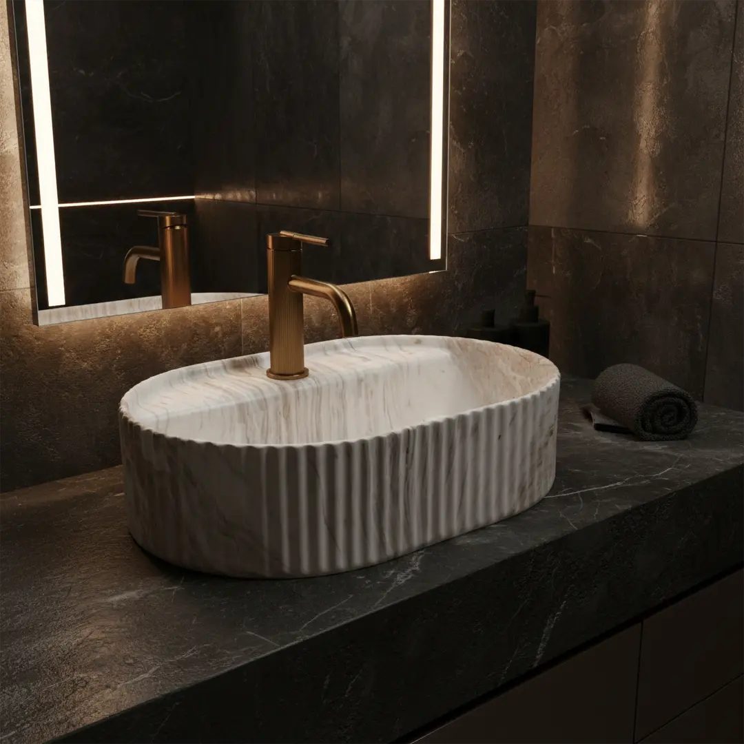 wohnwerk.idee Aufsatzwaschbecken Waschbecken oval geriffelt Keramik Design Waschtisch 50/60 cm – Bild 2 von 5