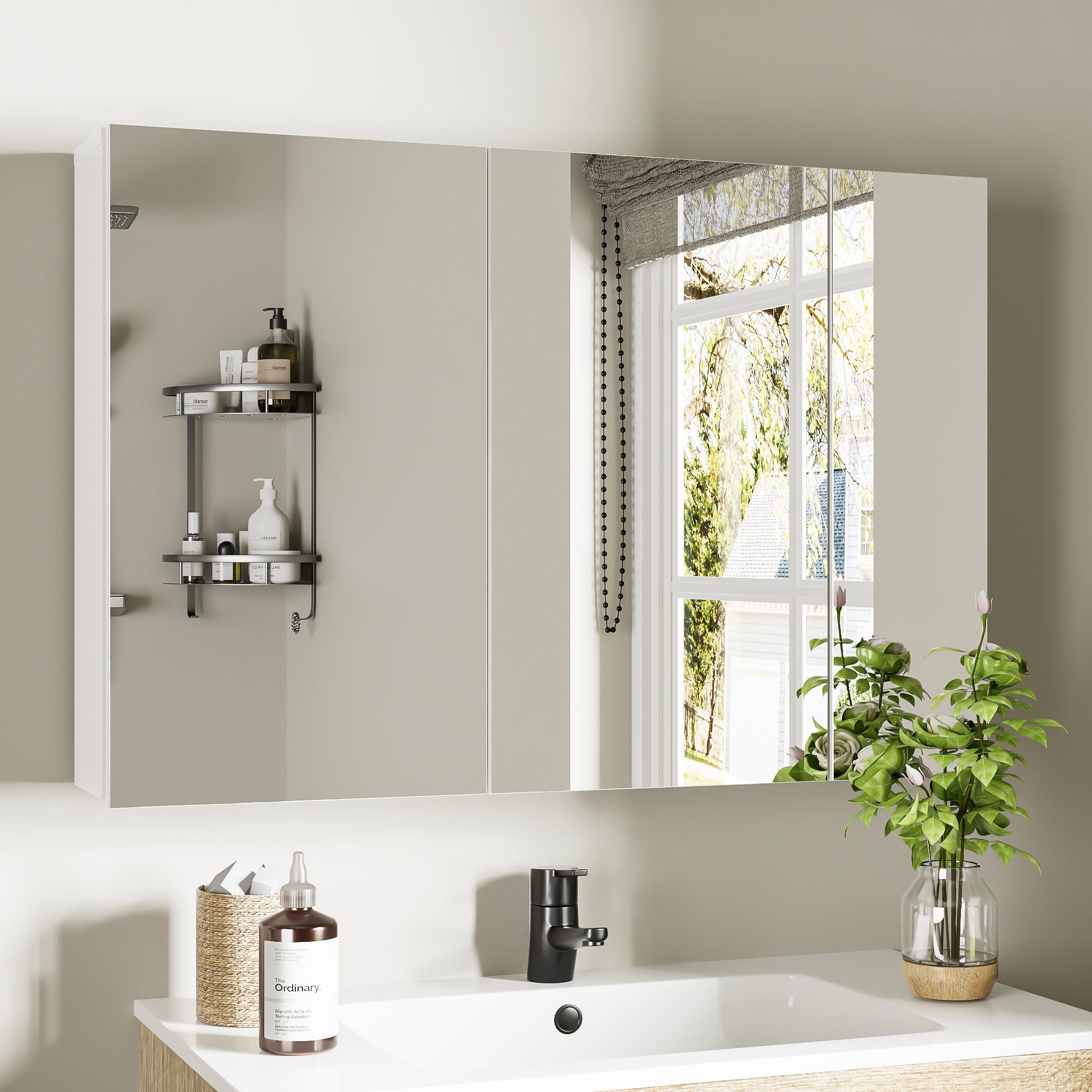 Homfa großer Hängeschrank Spiegelschrank mit 3 weiß Türen, Spiegelschrank Bad