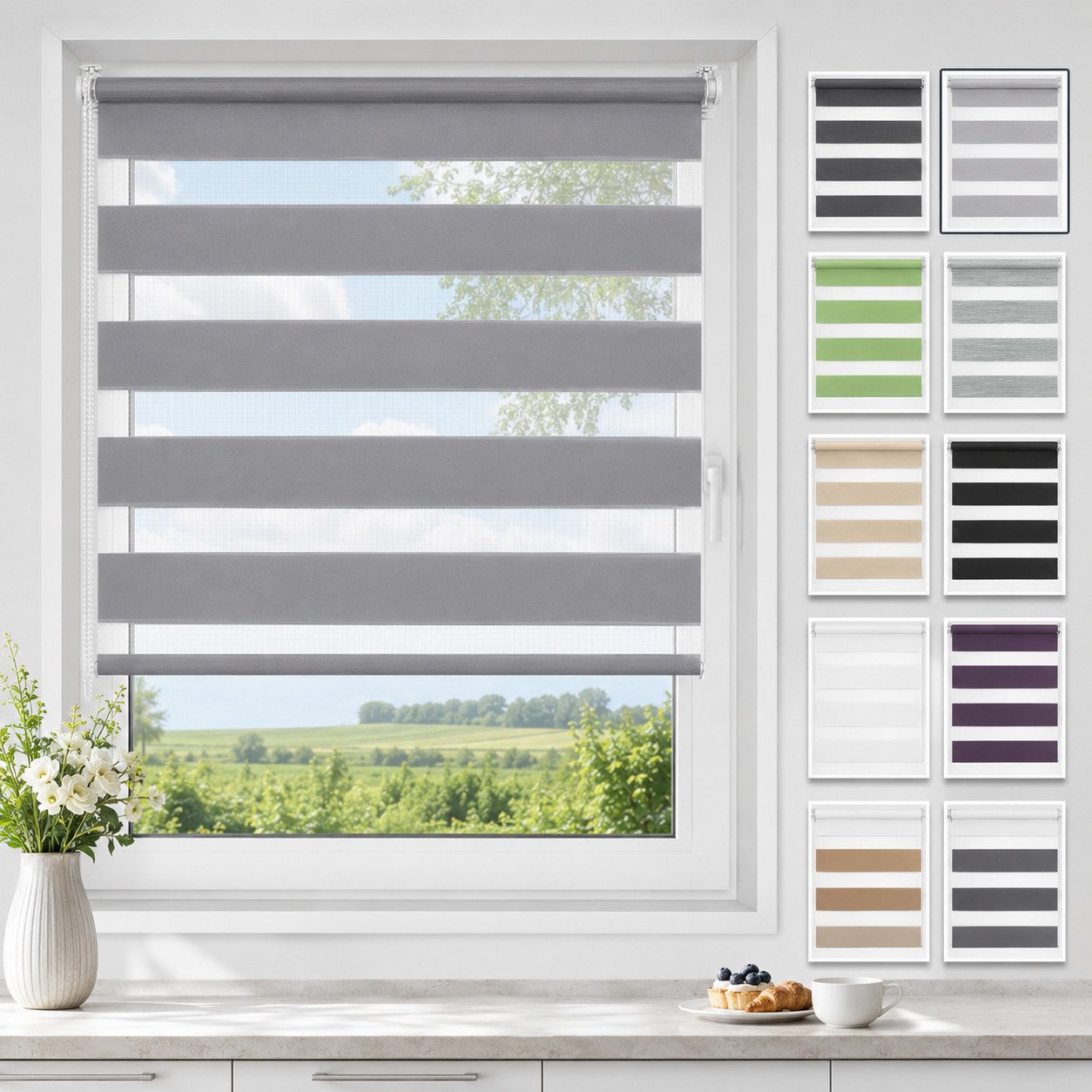 Doppelrollo ohne Bohren 130cm/150cm/230cm, OUBO, freihängend, Klemmfix, rollo für Fenster und Tür mit Klemmträger Lichtschutz und Sichtschutz