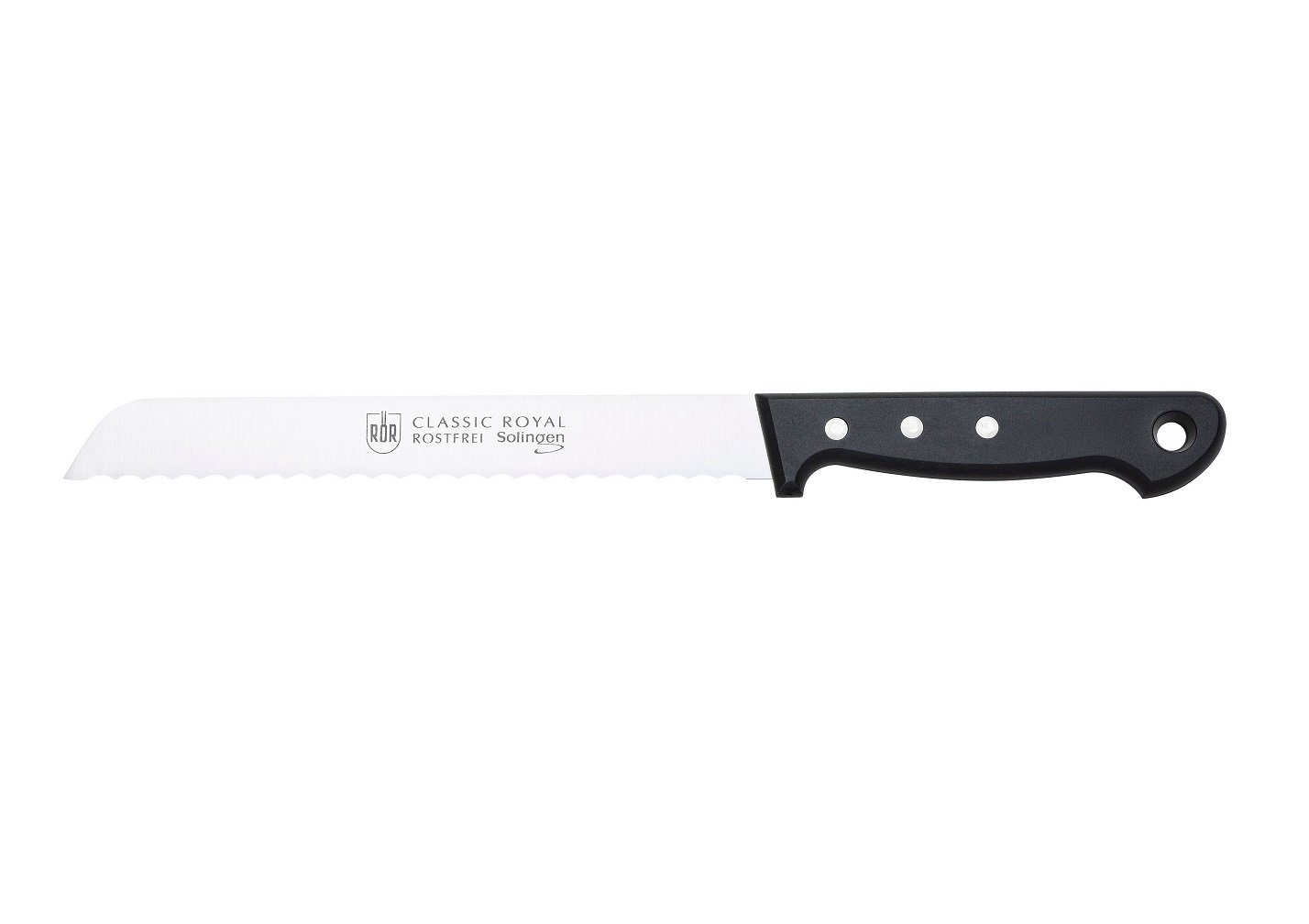 RÖR Brotmesser Classic Royal Brotmesser - schwarzer Kunststoffgriff mit Nieten, Wellenschliffklinge für komfortables Schneiden - Made in Solingen