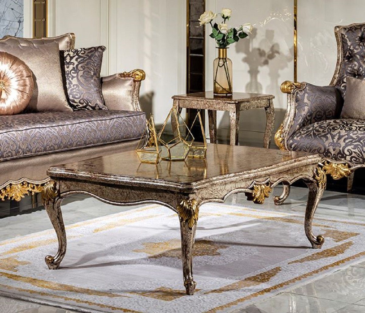 Casa Padrino Couchtisch Luxus Barock Couchtisch Antik Silber / Braun / Gold - Handgefertigter Massivholz Wohnzimmertisch im Barockstil - Edle Barock Möbel