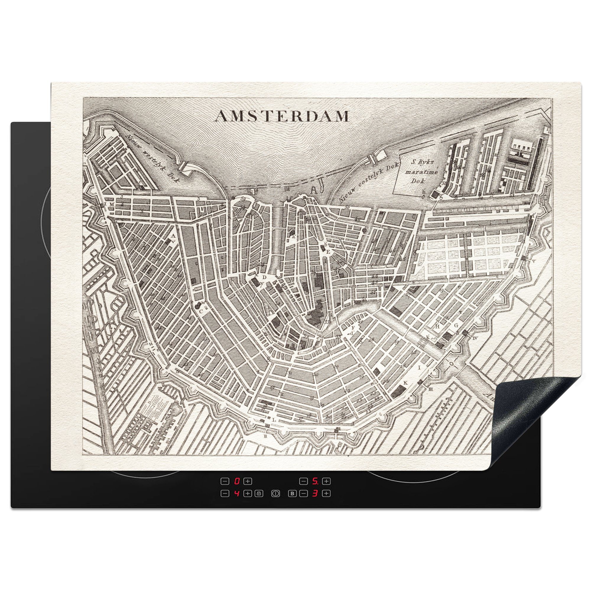 antiken Schwarz-weiße Vinyl, cm, einer nutzbar, Ceranfeldabdeckung 70x52 Illustration von Karte Amsterdam, Arbeitsfläche (1 MuchoWow tlg), Mobile Herdblende-/Abdeckplatte