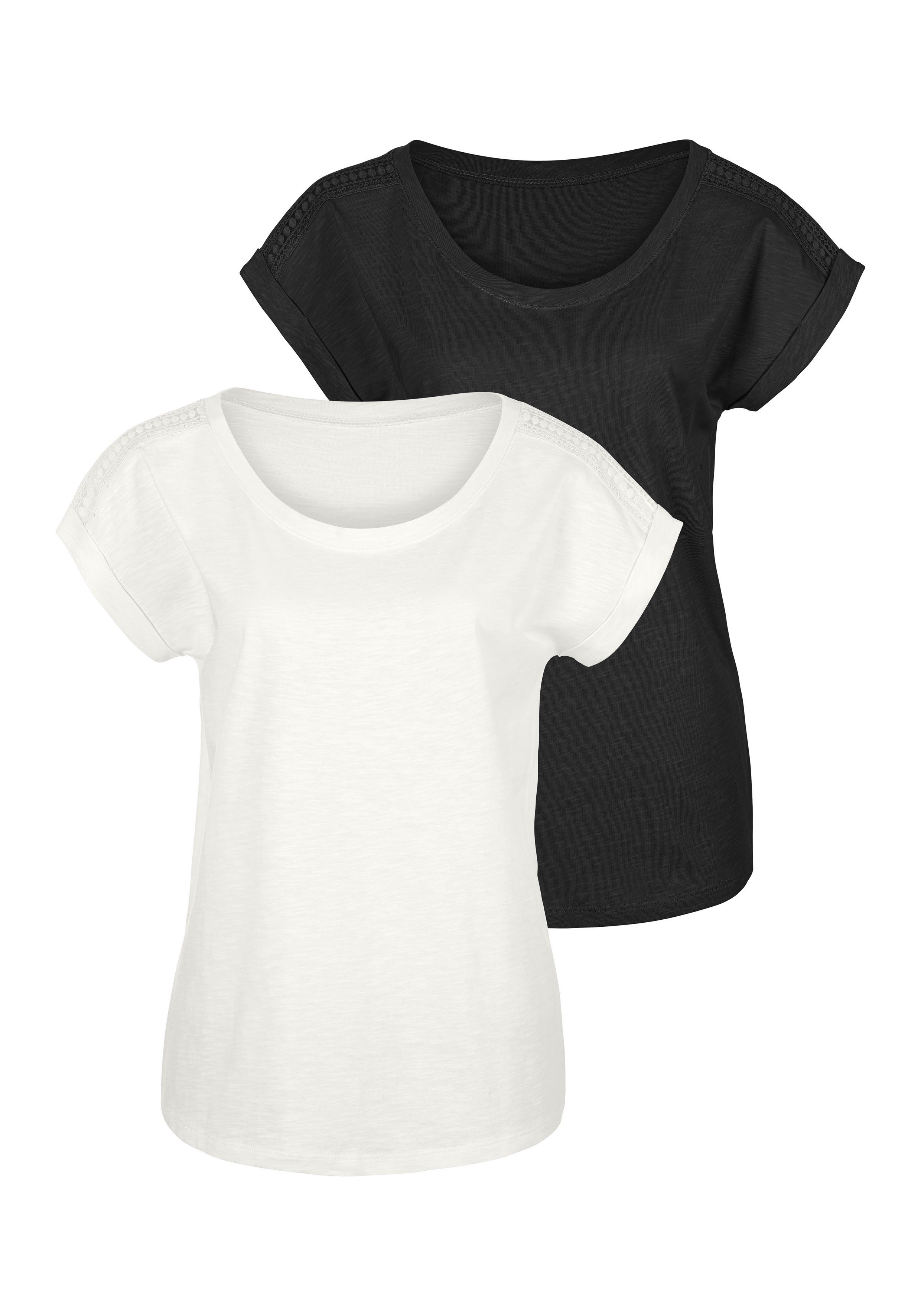 spottbillig verschleudern Vivance T-Shirt der an Häkelspitze 2er-Pack) mit creme Schulter (Packung, schwarz