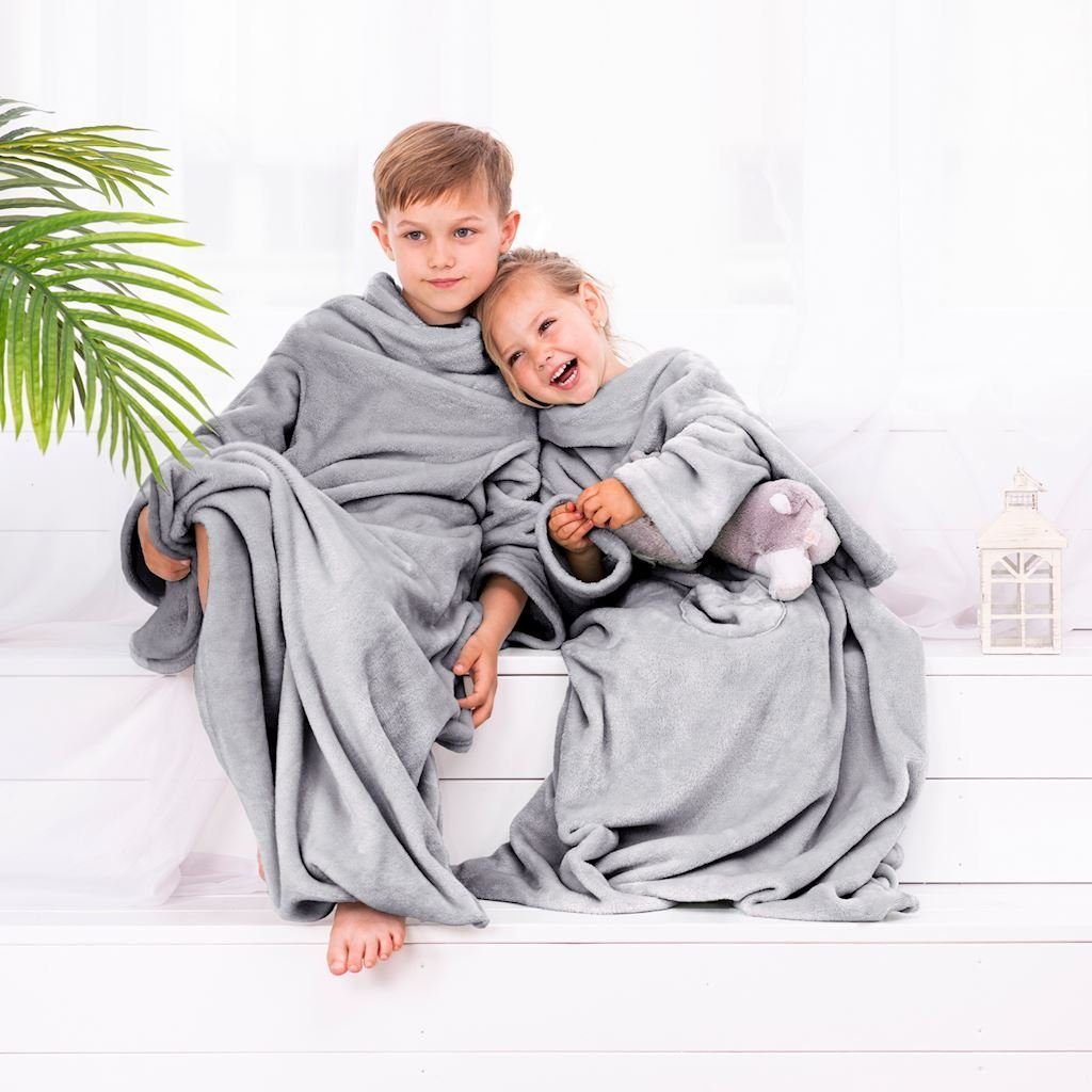 mit Kuscheldecke Tragbare Blanket TV Lazy für Kids Kinder DecoKing, Ärmeln, - Tagesdecke Ärmeldecke steel