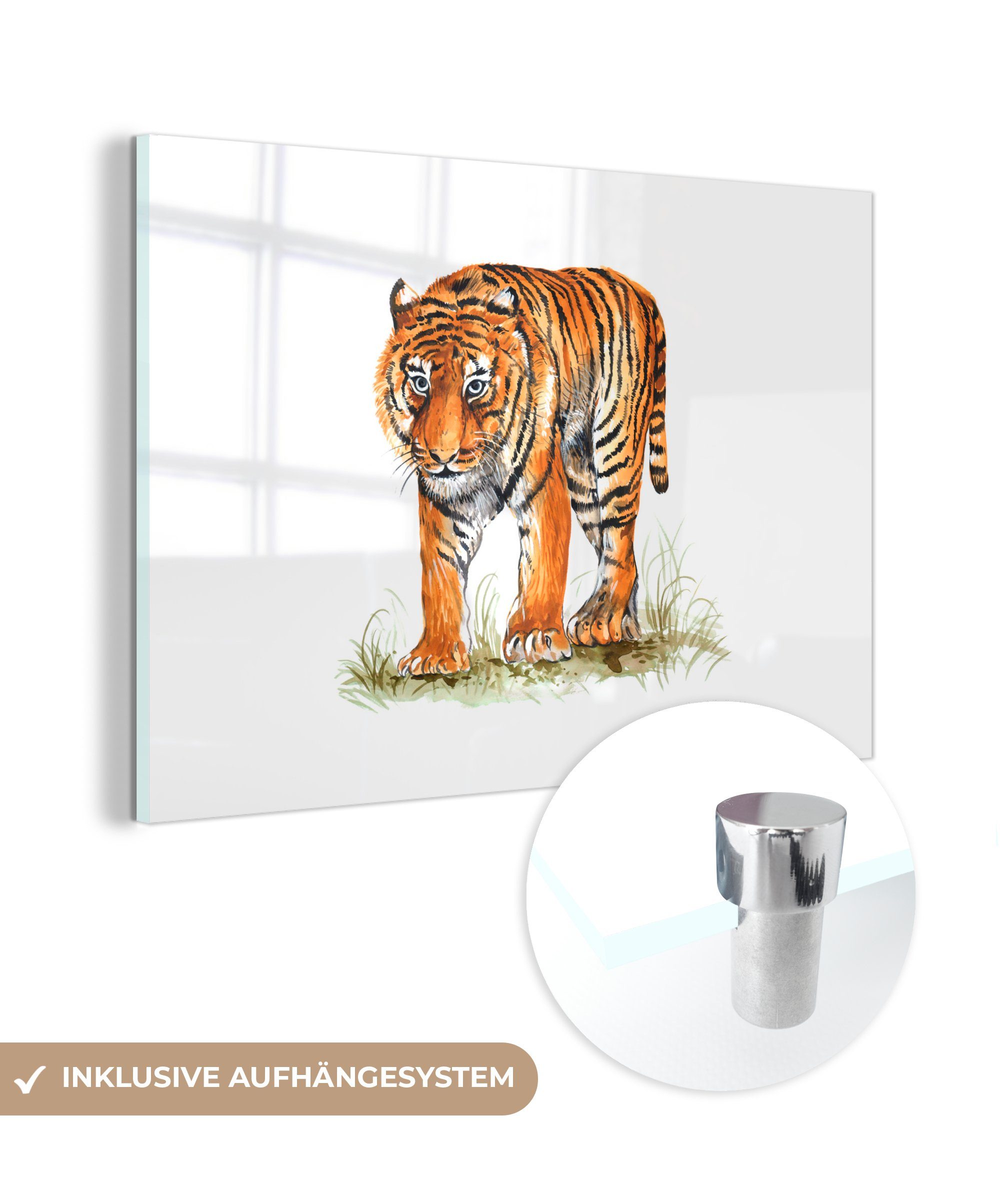 MuchoWow Acrylglasbild Tiger - Gras - Bild, (1 St), Acrylglasbilder Wohnzimmer & Schlafzimmer