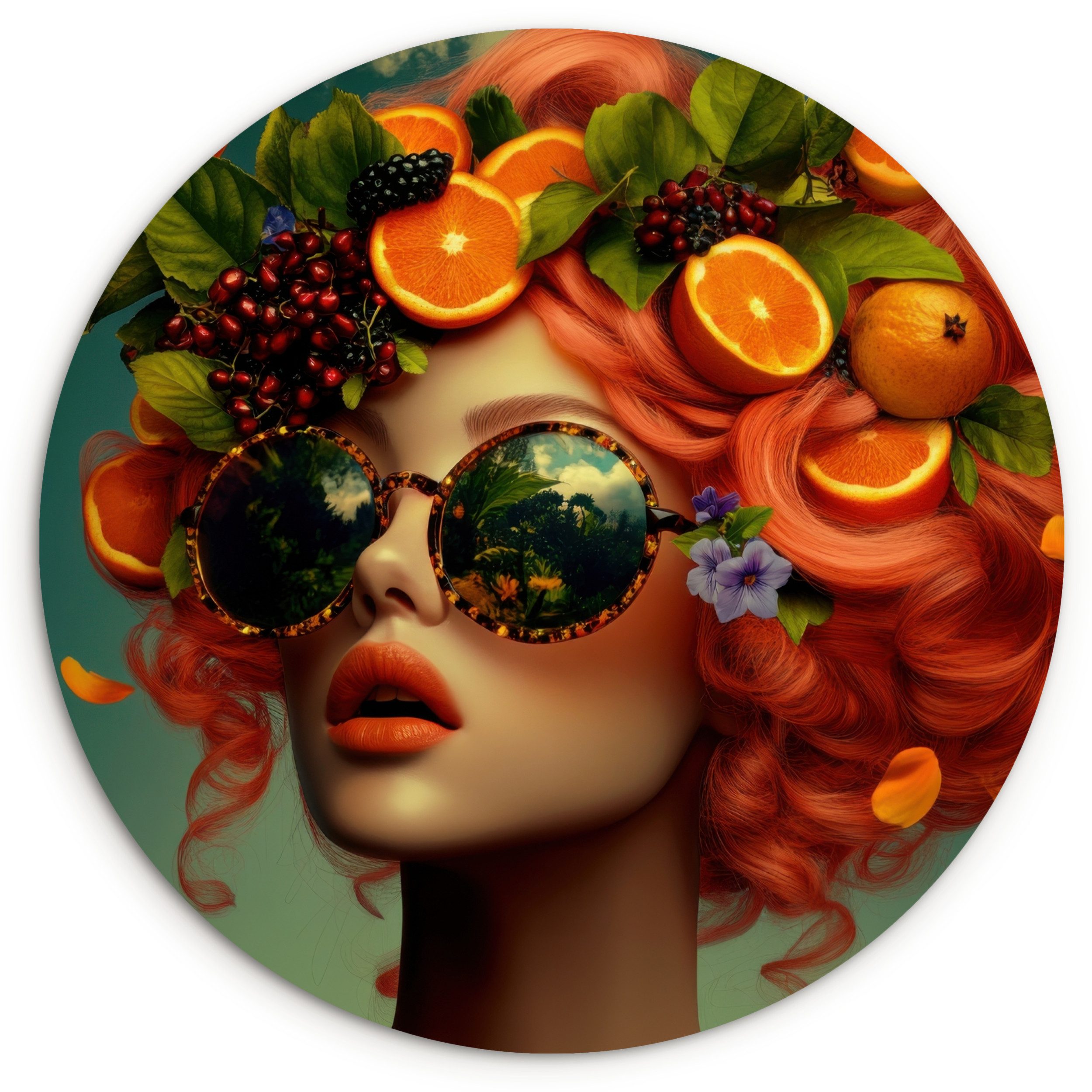 MuchoWow Gemälde Weiblich - Orange - Beere - Orange, Fotodruck (1 St), Kreis Wanddekoration, Rundes Wandbild, 30x30 cm