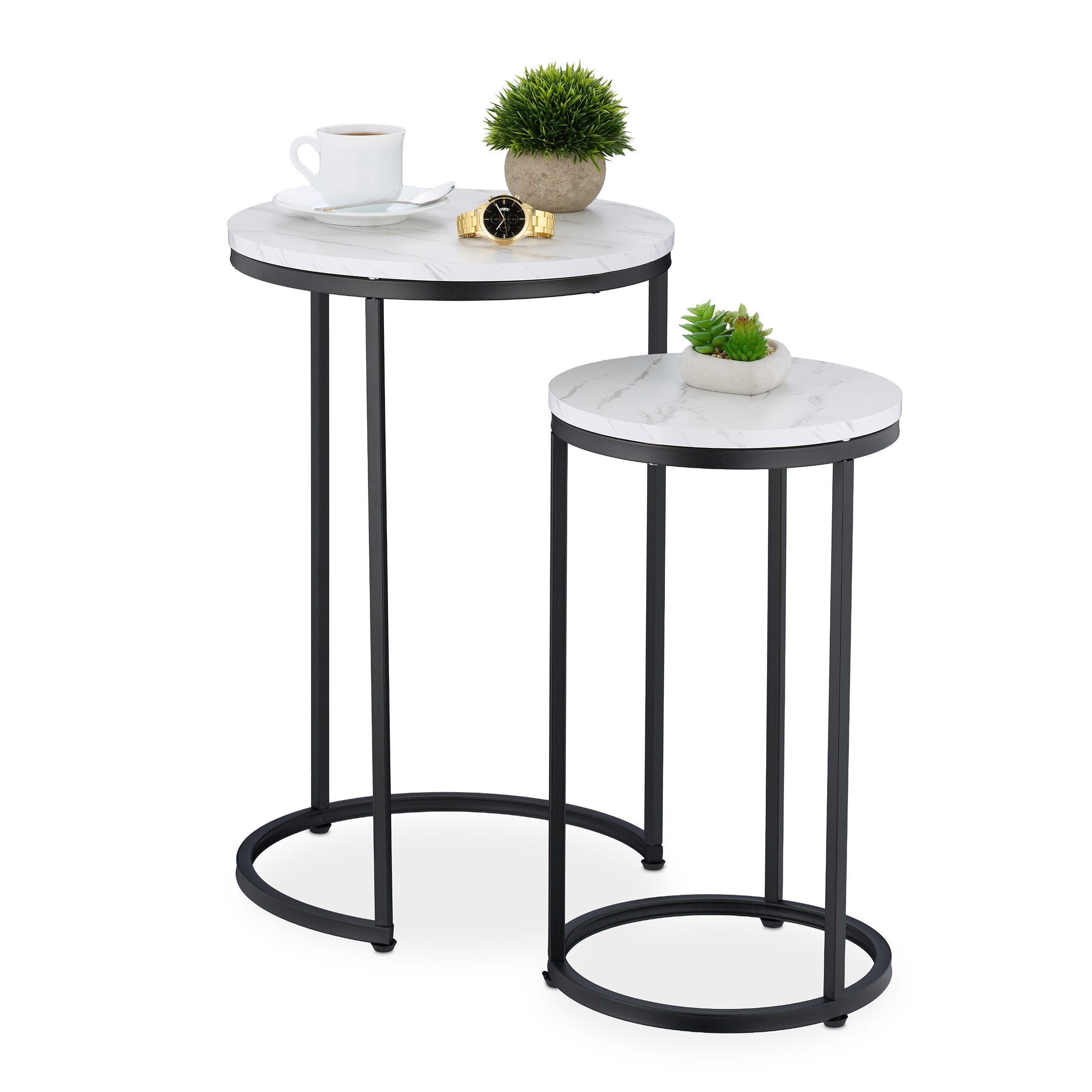 relaxdays Satztisch 2er Set Marmoroptik & Metall, Weiß-Schwarz
