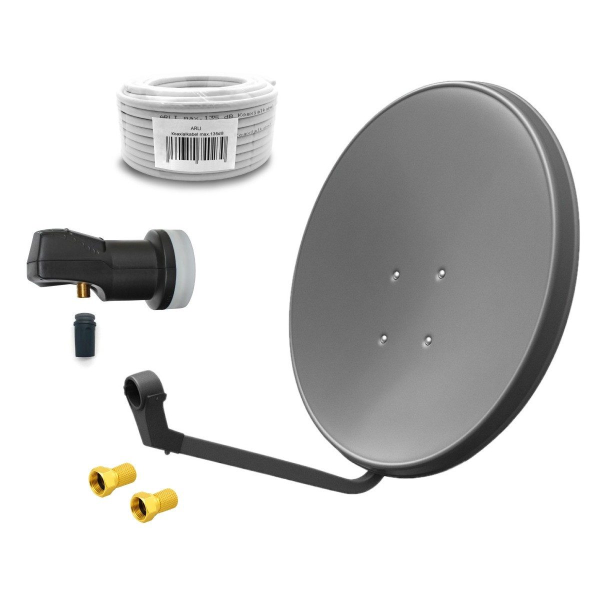 ARLI 60 cm HD Sat Anlage grau +Single LNB+ 10m Koaxialkabel + 2x F-Stecker SAT-Antenne (60 cm, Stahl, Digital 1 Teilnehmer Antenne Grau UHD 4K FullHD)
