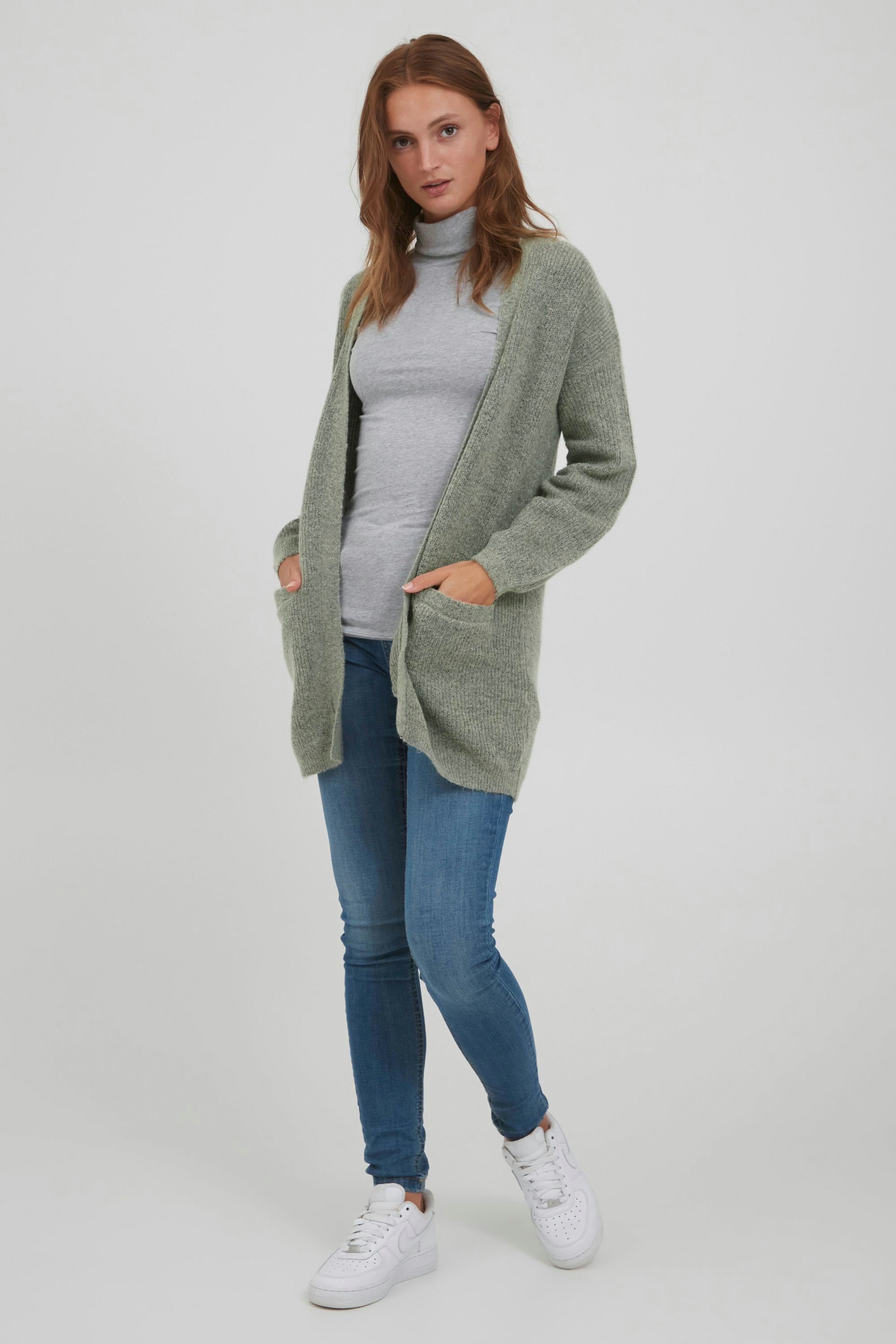 LS Melange - mit (1660081) Cardigan b.young Strickjacke CARDIGAN 20810211 BYOLYMPIA Seagrass Langer Taschen