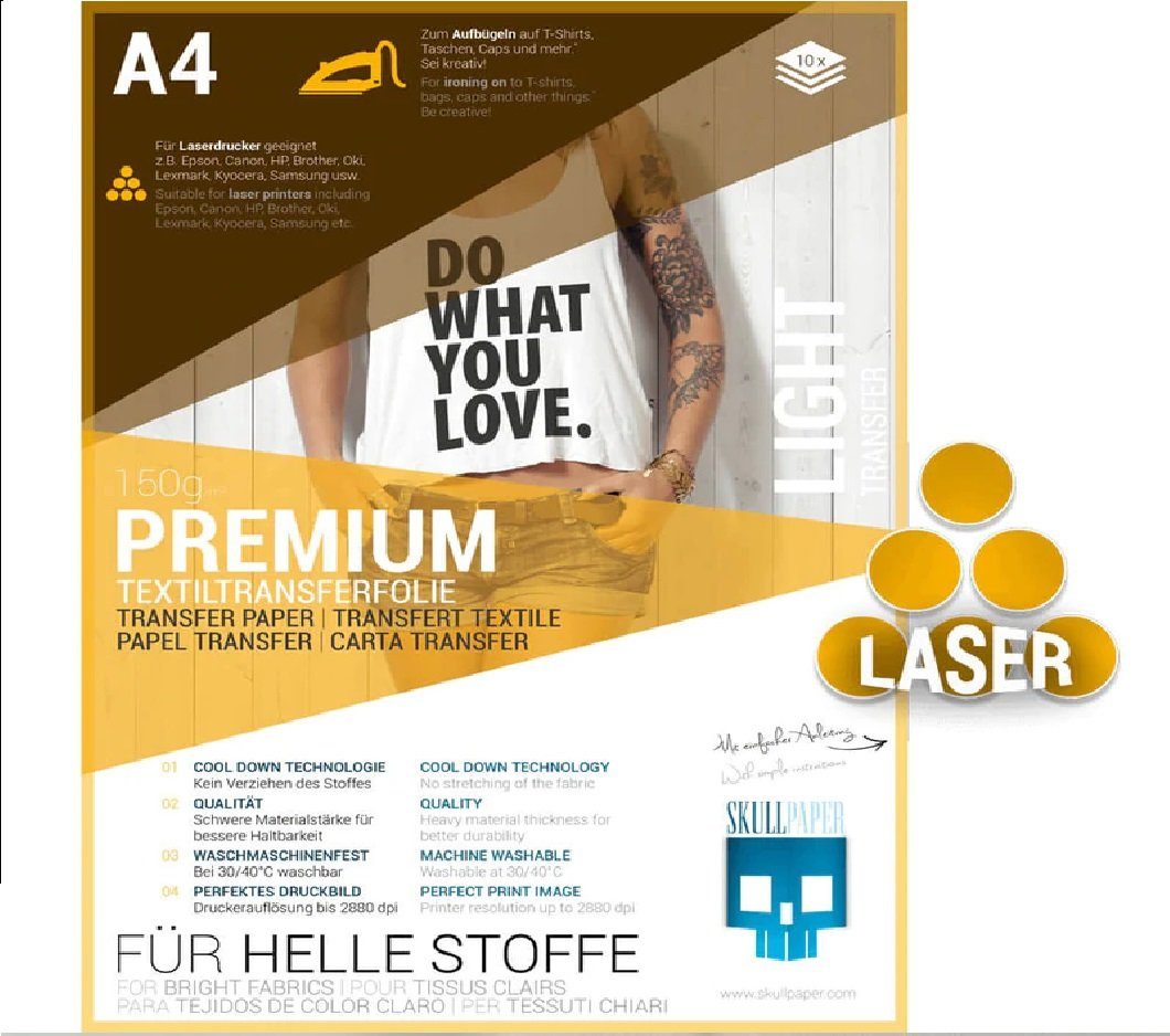 Skullpaper Dekorationsfolie Premium Textiltransferfolie für helle Stoffe A4 für Laserdrucker, (Textiltransferfolie, 10St.}, 10 A4 Bögen), zum Aufbügeln