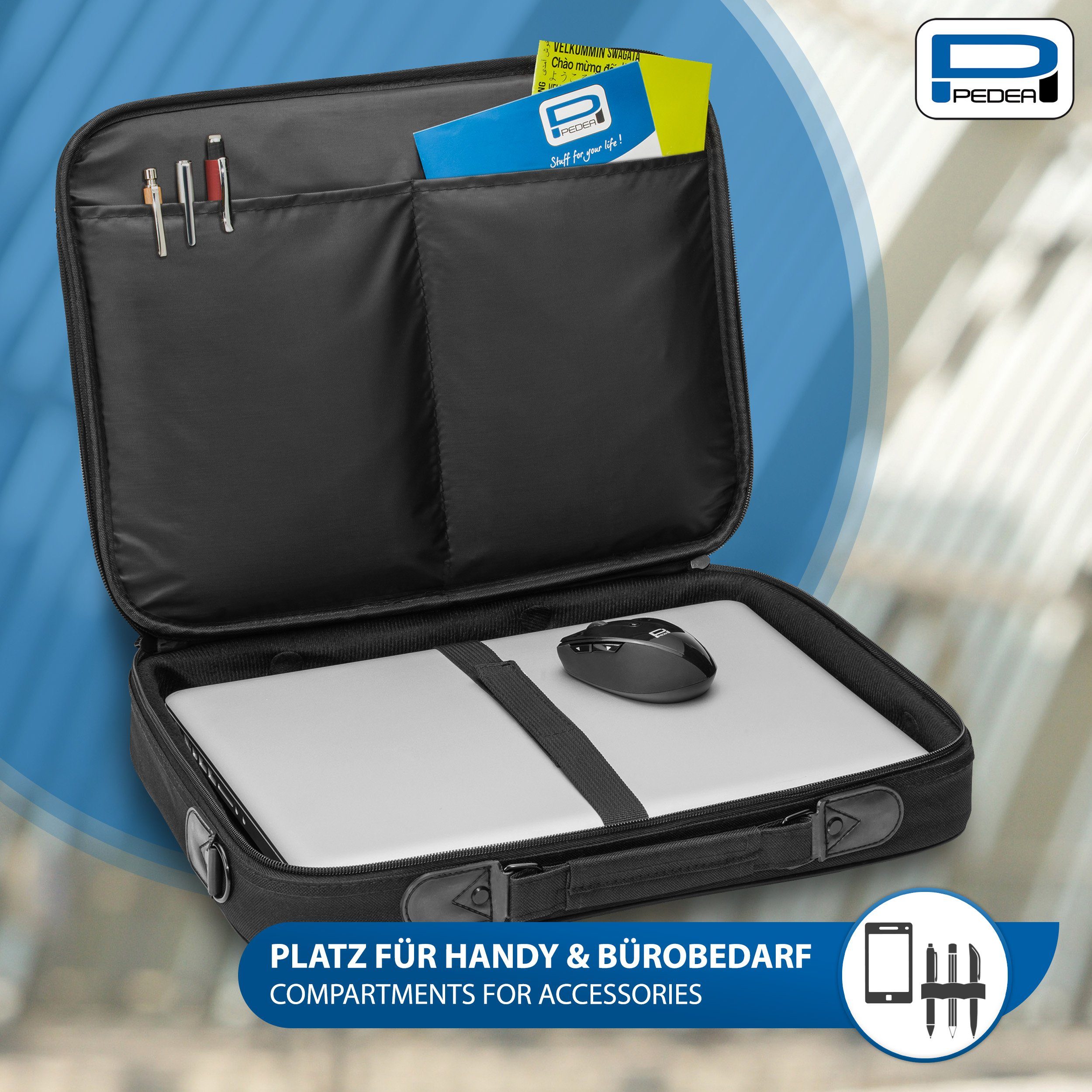 PEDEA Laptoptasche FAIR Notebooktasche für 13,3 / 15,6 / 17,3 Zoll (Laptopfach: 38,5 cm x 28 cm x 4,5 cm (BxHxT), bis 15,6 Zoll (39,6 cm) Schutzrahmen, wasserabweisend, Schultergurt