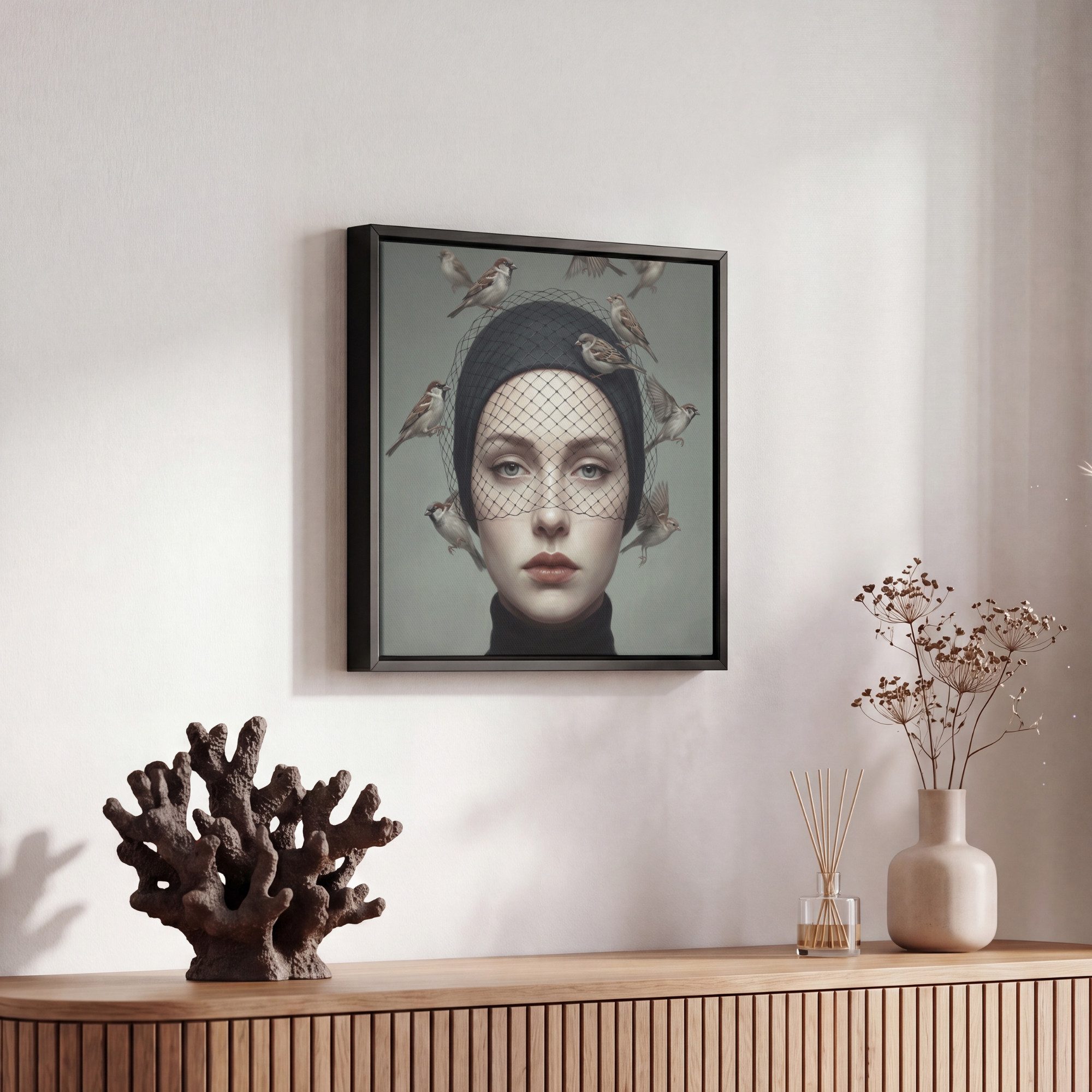 OneMillionCanvasses® Leinwandbild mit Rahmen - Porträt - Vögel - Schwarz, Fotodruck (1 St), Leinwand Bilder Klein, Wand Dekoration Aesthetic 20x20cm – Bild 5 von 5