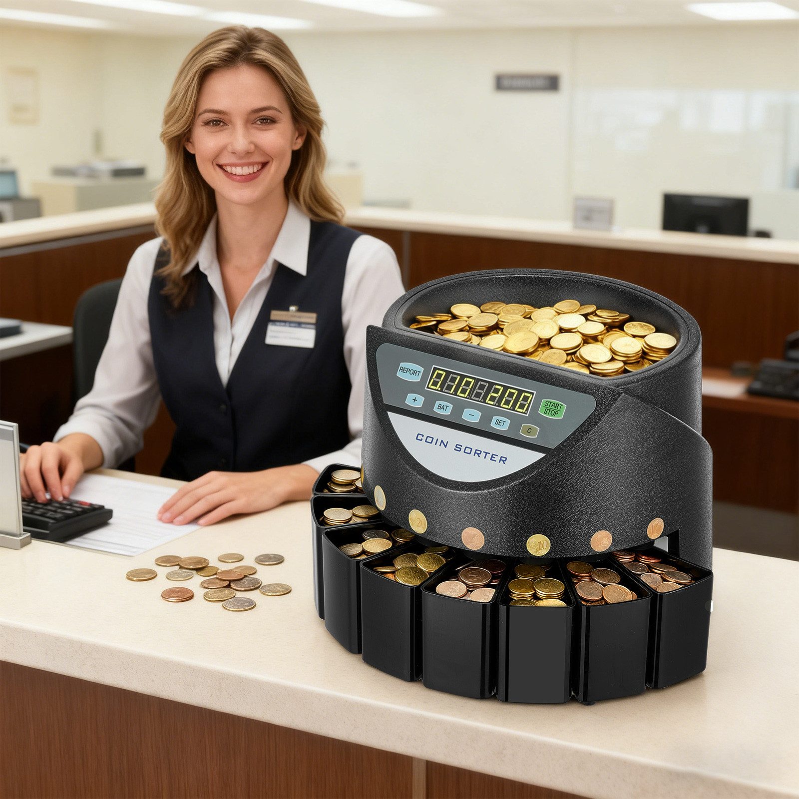 FOHERE Spardose Münzzähler Sortierer, Geldzählmaschine Münzen Sortierer 800 Kapazität, (1-tlg), mit 7-stellige LED-Anzeige und großer Kapazität