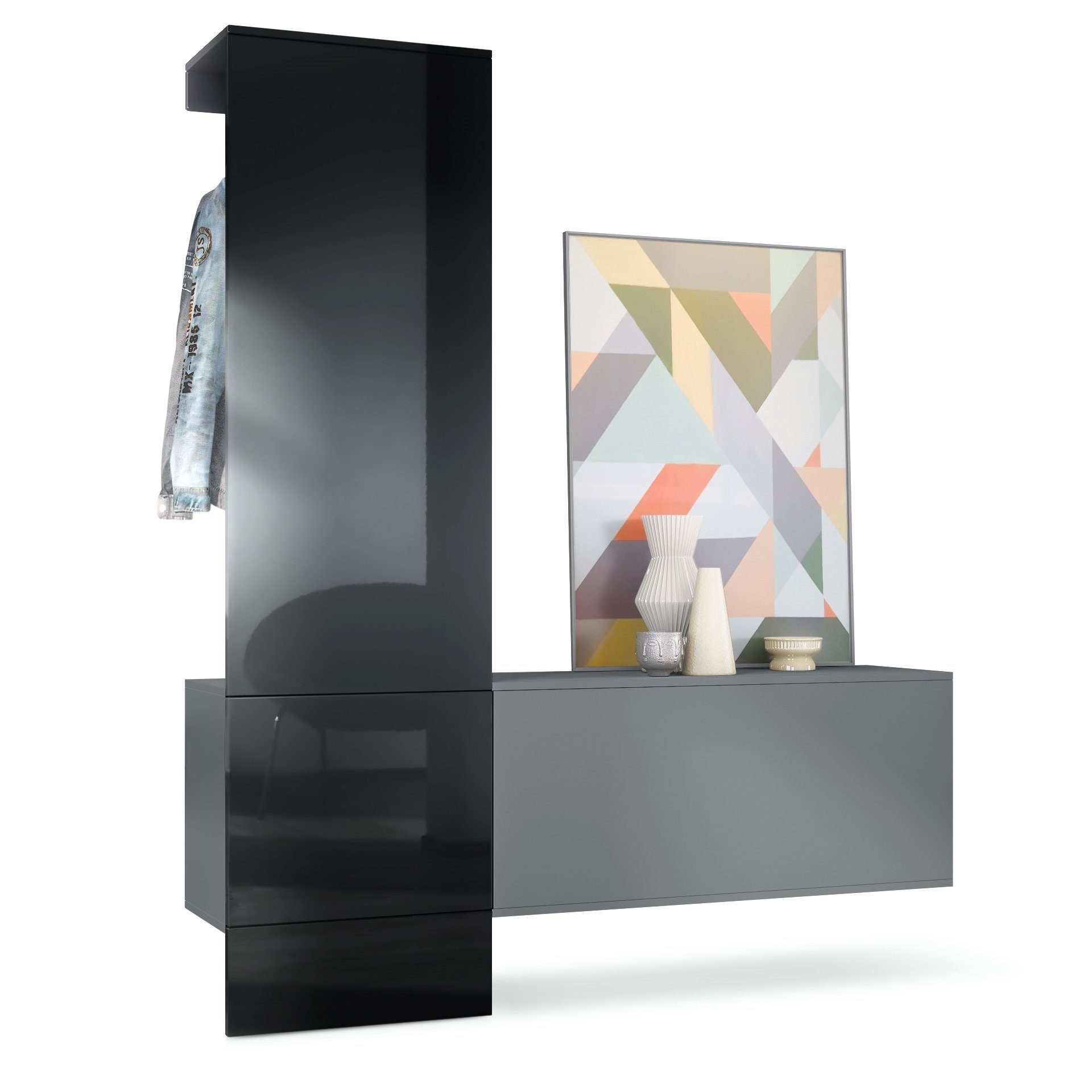 Vladon Шкафы-Set Carlton Set 4, (Wandgarderobe bestehend aus, 1 Paneel und 1 Schrankmodul), Anthrazit matt/Schwarz Hochglanz (156,5 x 193 x 35 cm)