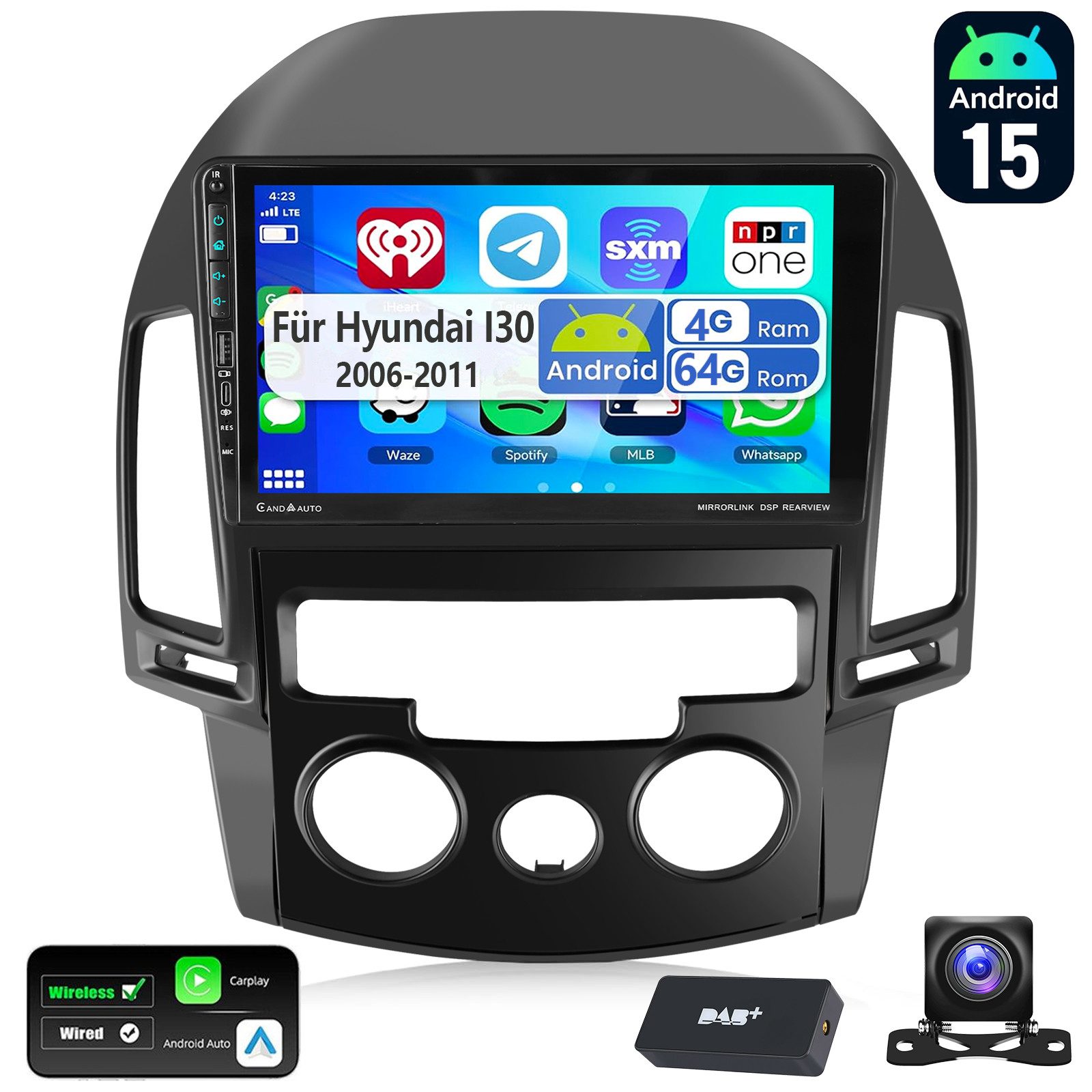 ESSGOO DAB+ 64G Für Hyundai I30 2006-11 Android 15 Autoradio Carplay GPS Navi Autoradio (RDS, 4+64GB(optional), Digitalradio (DAB), FM, AM, Carplay Android Auto Bluetooth EQ USB GPS Navi WIFI Touchscreen)